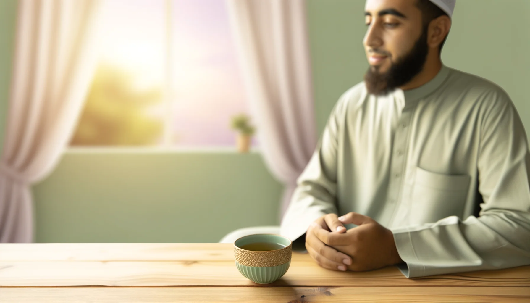 Personne en méditation paisible avec une tasse de thé, symbolisant l’ancrage sensoriel et l’ouverture du cœur par la pleine conscience corporelle