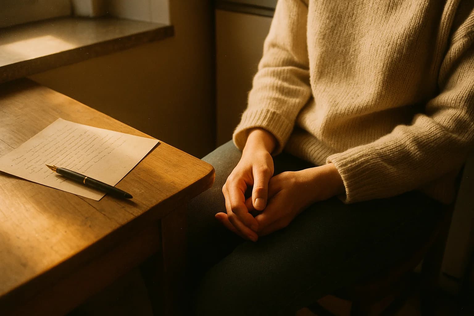Mains jointes sur les genoux près d’un mot manuscrit posé sur une table, geste de compassion pour soi, lumière chaude