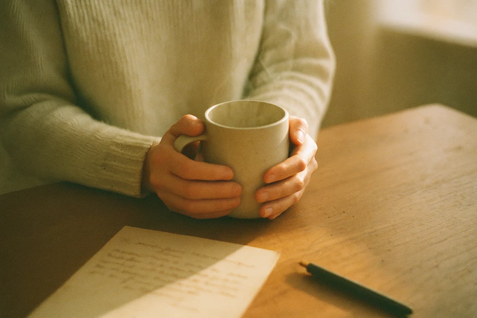 Deux mains entourant une tasse en céramique tenue contre le buste, fine vapeur, manches en maille claire