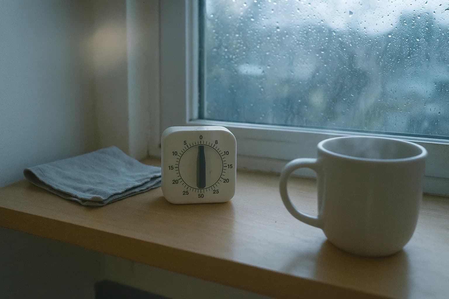 Un minuteur de cuisine analogique arrêté entre deux chiffres, posé sur une étagère en bois à côté d'une tasse et d'un linge plié, fenêtre embuée de pluie en arrière-plan
