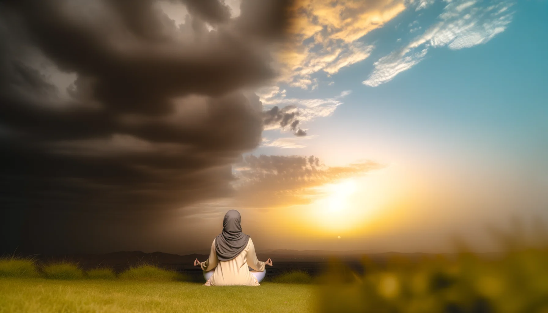 Personne assise en méditation face à un ciel changeant avec nuages et éclaircies, illustrant la patience par l'observation de la météo émotionnelle intérieure