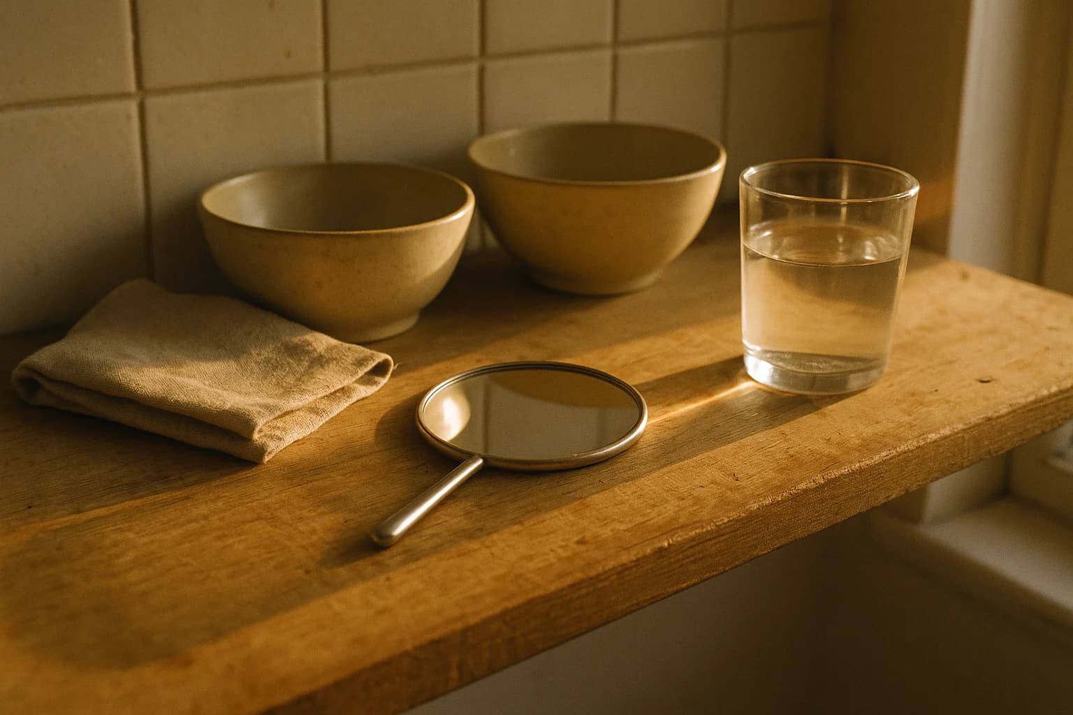 Small hand mirror lying face up on a worn wooden shelf beside a folded linen cloth and a glass of water, morning light