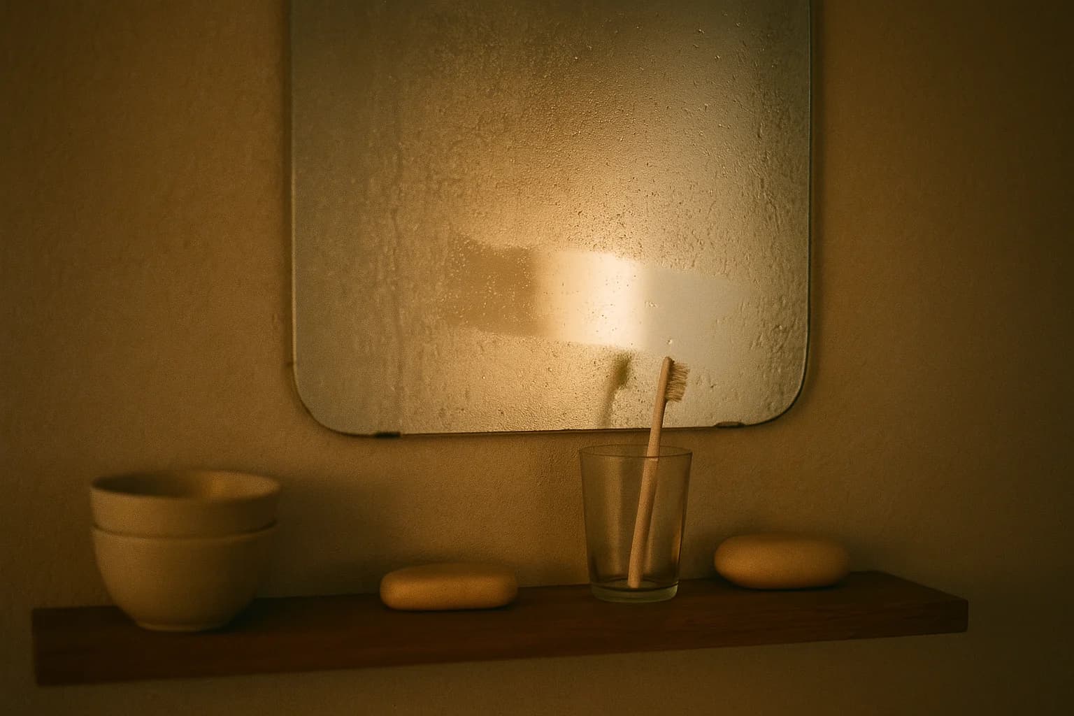 Bathroom mirror still fogged from a shower with one streak wiped clear by hand, toothbrush glass and soap on the ledge