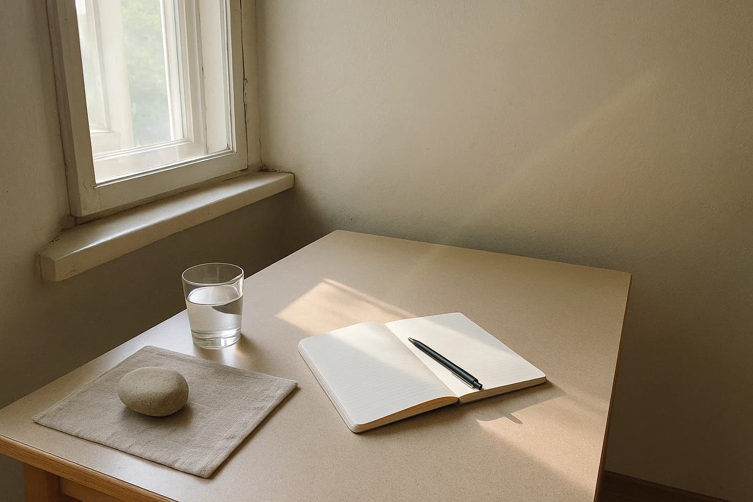 A bright desk beside a half-open window, an open notebook, a pen and a glass of water in daylight, an image for why do I sigh so much