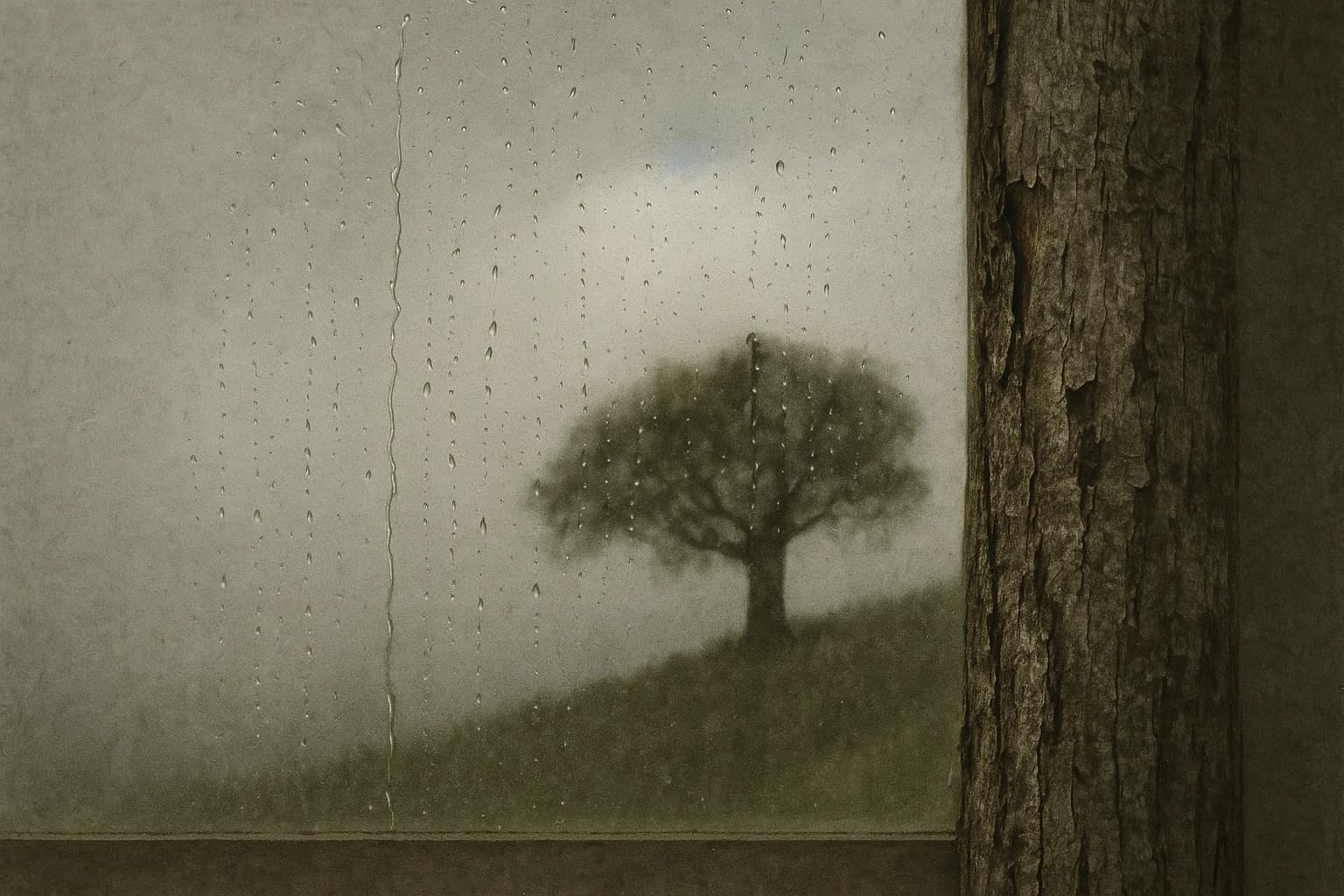 Un arbre seul sur une colline, vu à travers une vitre striée de pluie, image de la résilience face aux émotions changeantes