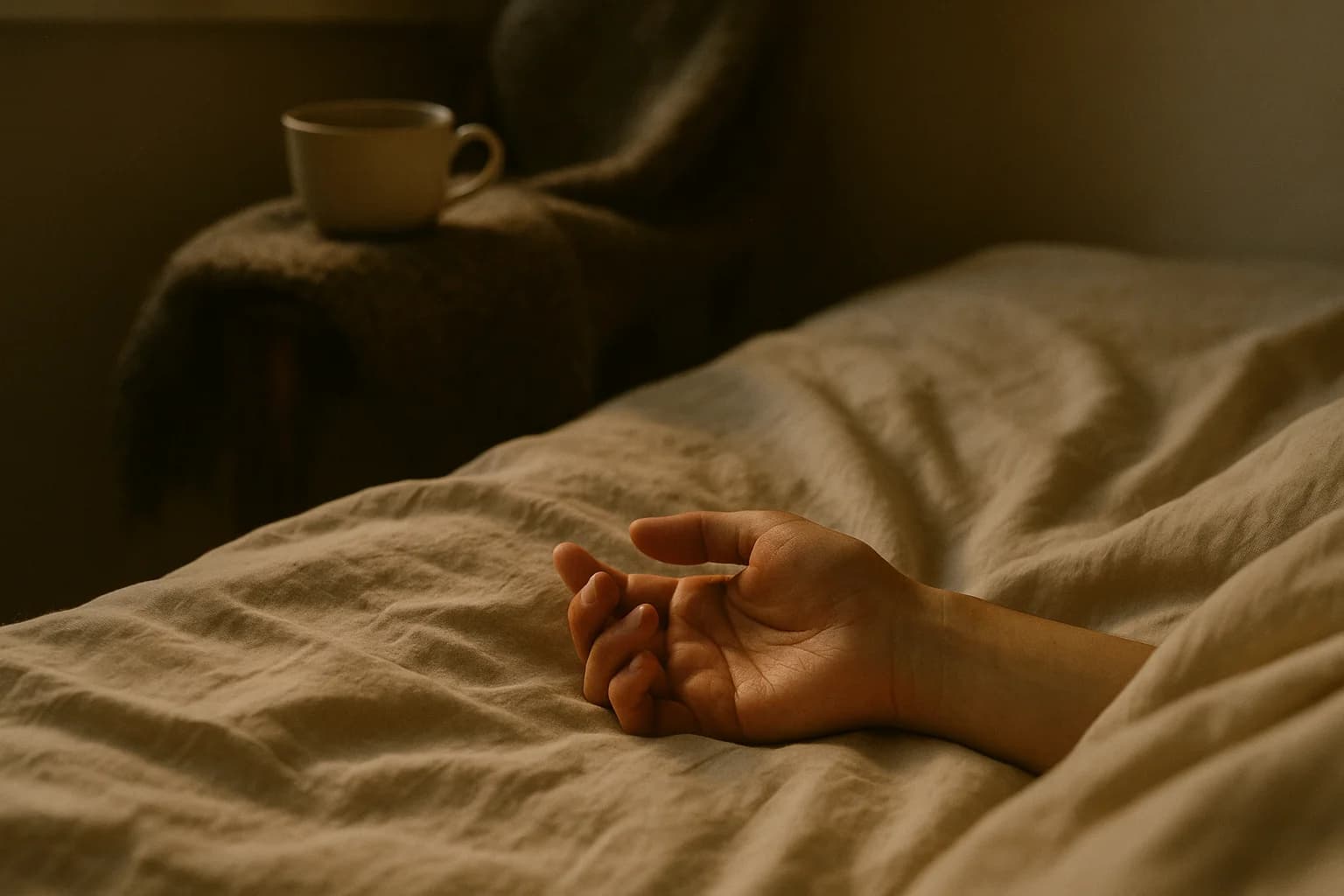 Une main posée paume ouverte sur un drap froissé, doigts légèrement repliés, lumière tamisée de chambre