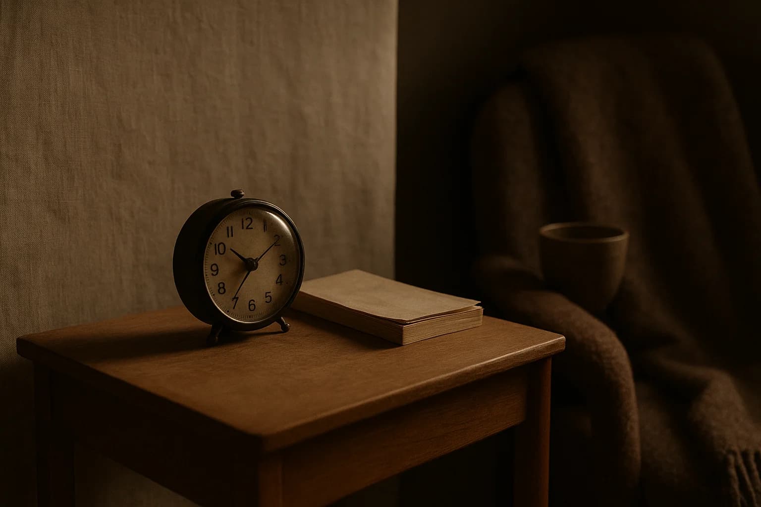 Un petit réveil analogique posé sur une table de chevet en bois à côté d’un livre de poche, lumière de fin de soirée