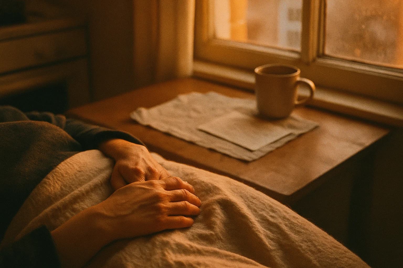 Two hands resting one on the other on a wool blanket, low warm light in a bedroom at night