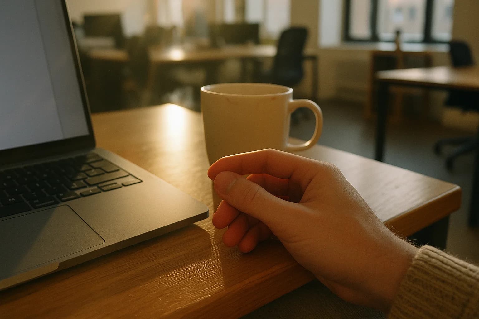 Se calmer discrètement au travail : une main posée sur un bureau, pouce contre index, près d’un ordinateur et d’une tasse
