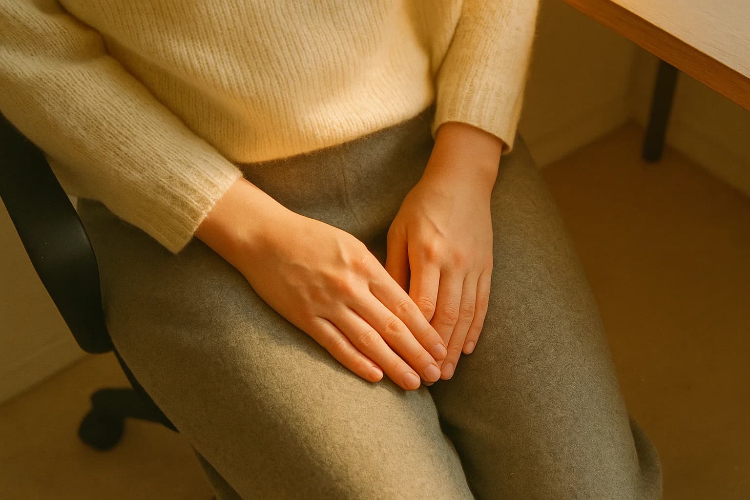 Geste anti-stress discret : les mains posées à plat et immobiles sur la cuisse, assis à un bureau