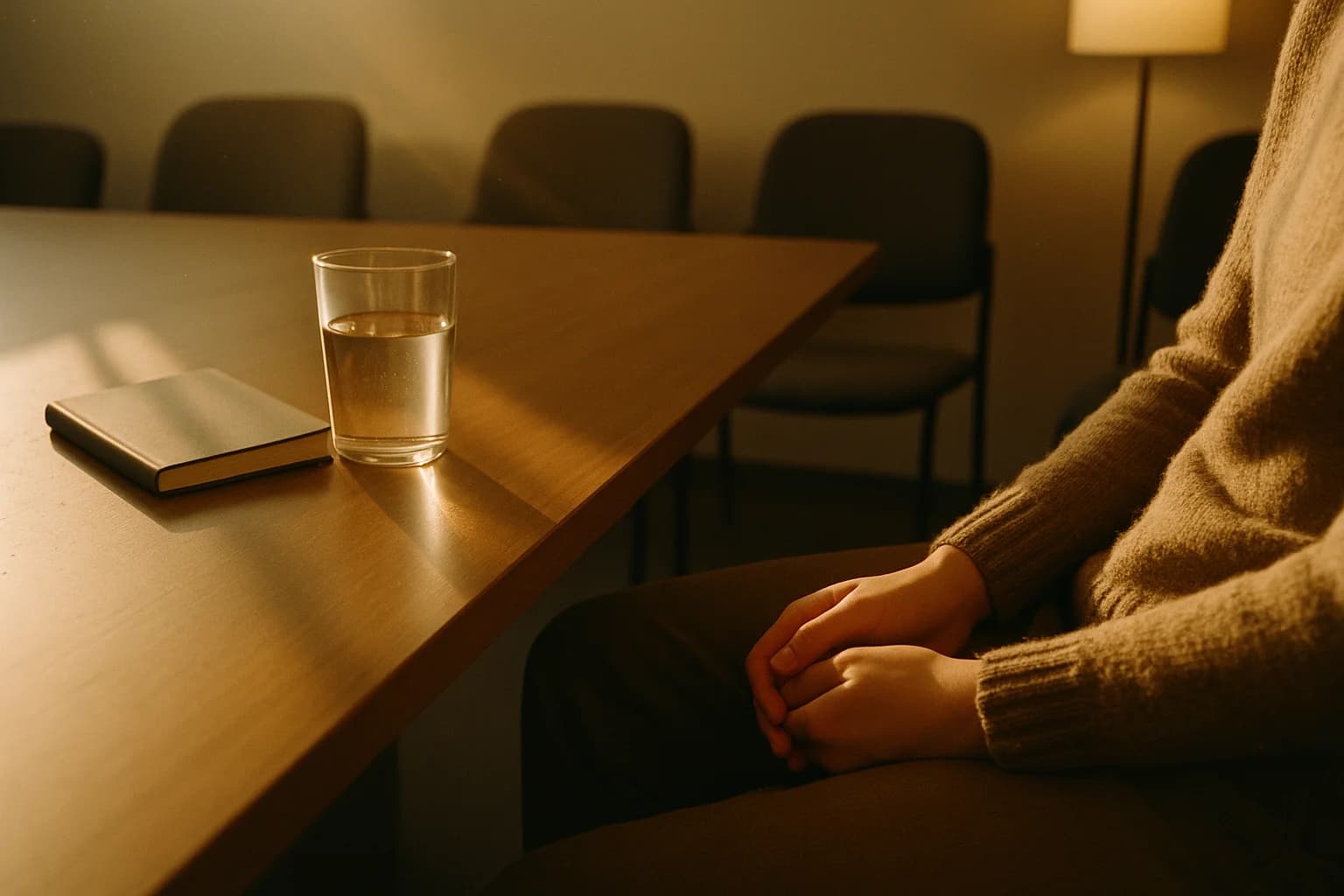 Gérer son stress en réunion : un verre d’eau et un carnet fermé sur une table, chaises vides en arrière-plan