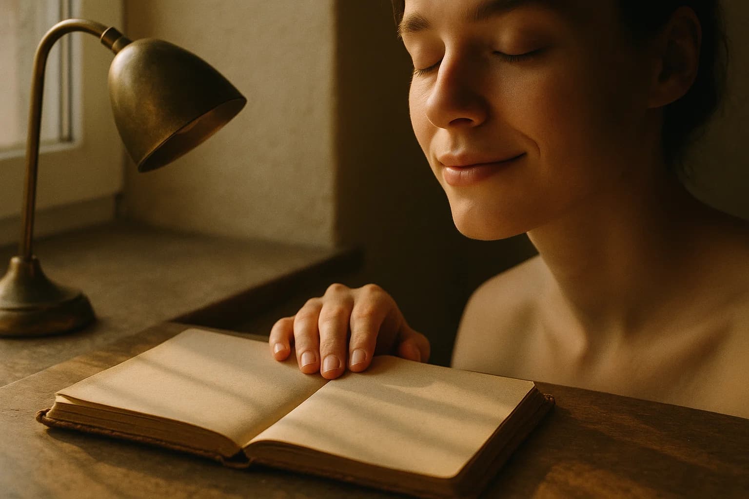 Visage d’une femme aux yeux clos esquissant un léger sourire spontané dans la lumière du matin, la main posée sur un carnet