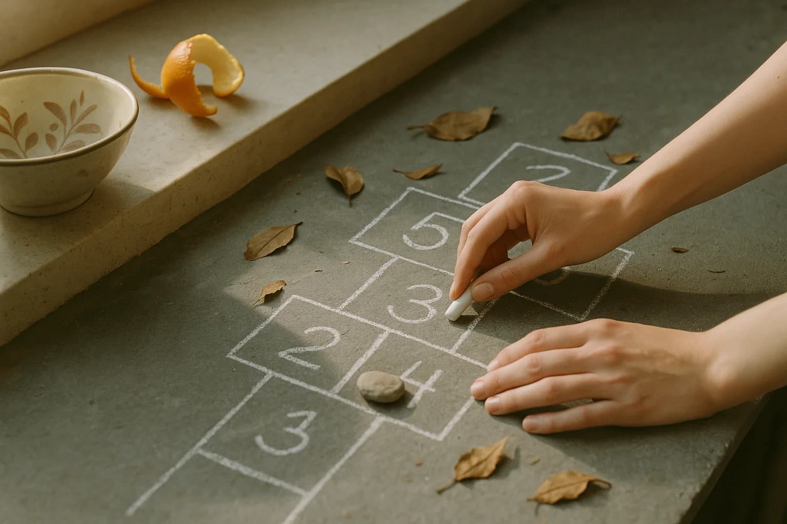 Une marelle tracée à la craie blanche, un petit caillou posé sur une case, des mains d’adulte qui achèvent le dessin : se reconnecter à son enfant intérieur commence par un geste concret