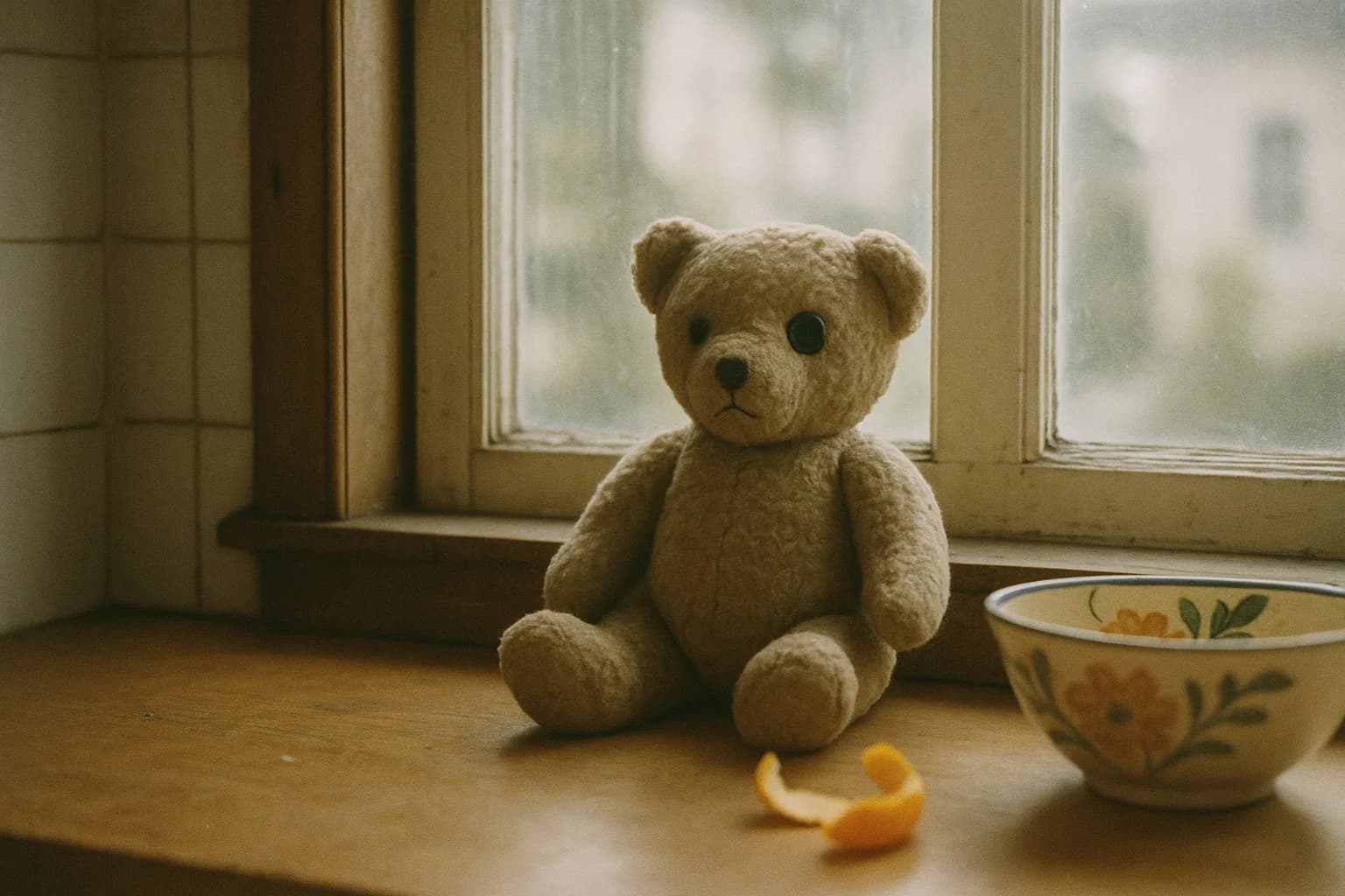 Un petit ours en peluche usé posé sur un appui de fenêtre dans la lumière du matin, à côté d’un bol ancien