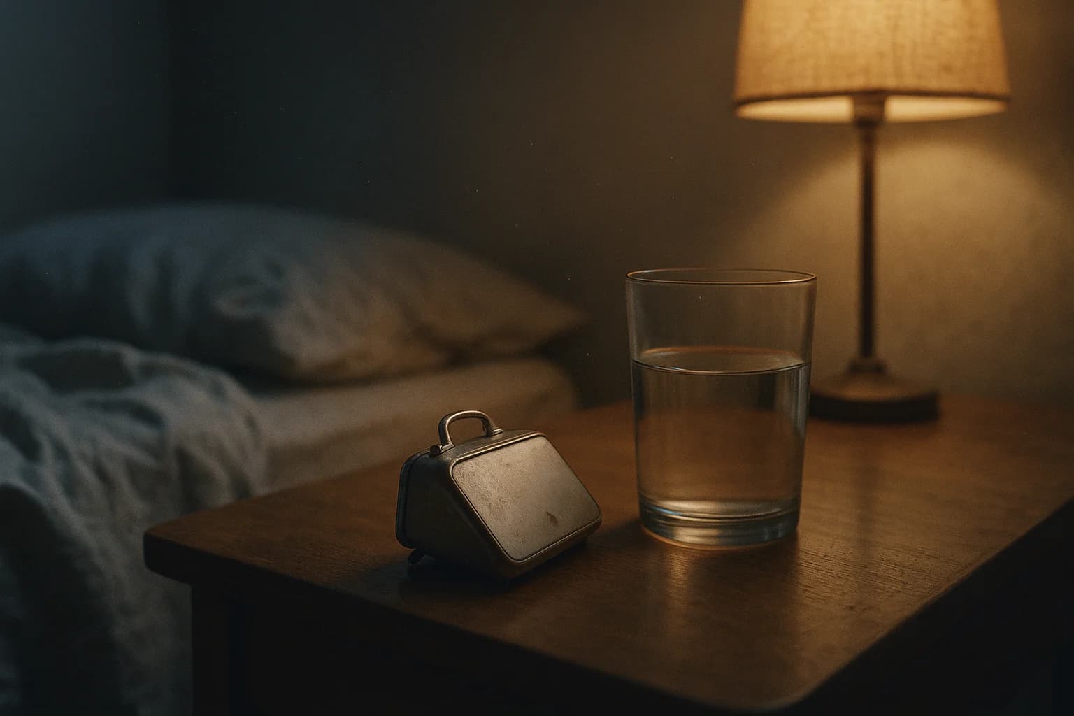 Un petit réveil posé face contre la table de nuit, à côté d’un verre d’eau, dans la lumière tamisée d’une lampe