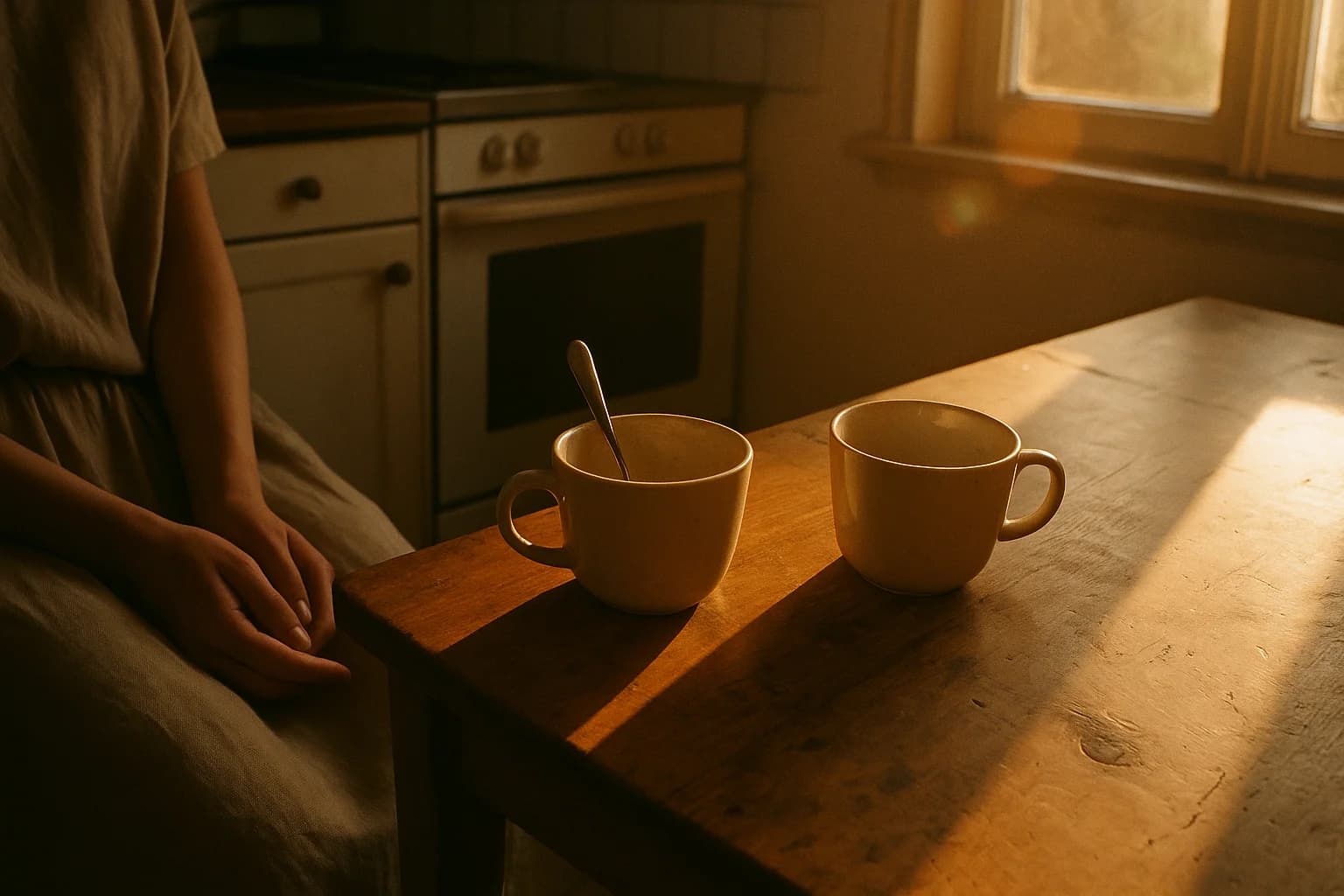 Deux tasses vides côte à côte sur une table de cuisine en bois, l’une avec une cuillère encore dedans, et les mains d’une personne restée assise à côté