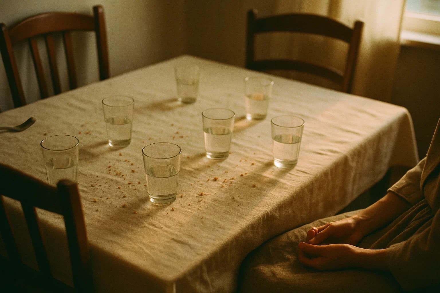 Table de salle à manger après un repas, six verres à moitié pleins et des miettes sur la nappe, chaises vides, une personne encore assise au bout