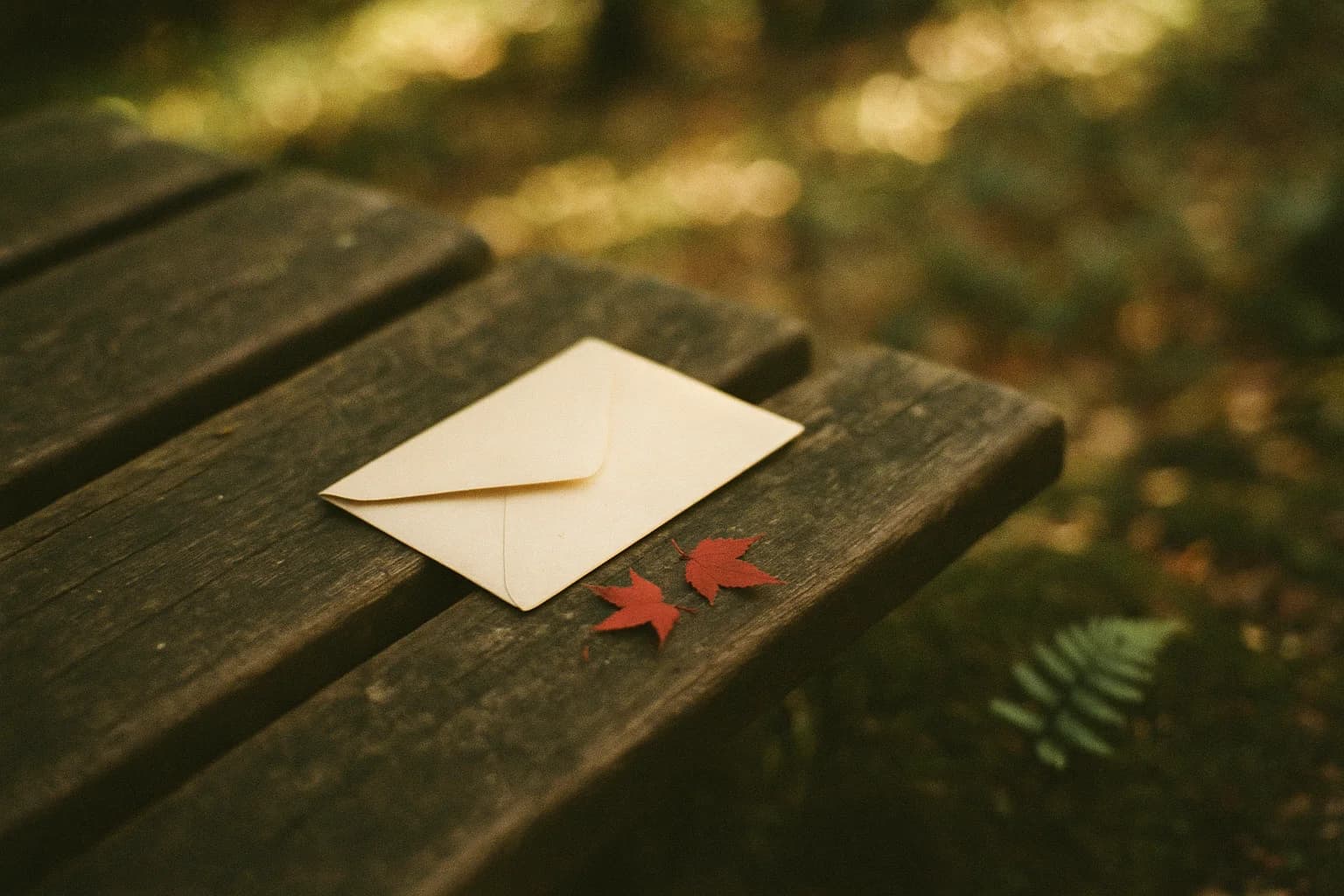 Enveloppe artisanale posée sur un banc de parc en bois patiné, feuilles d'érable rouge tombées autour, lumière d'après-midi filtrant entre les branches
