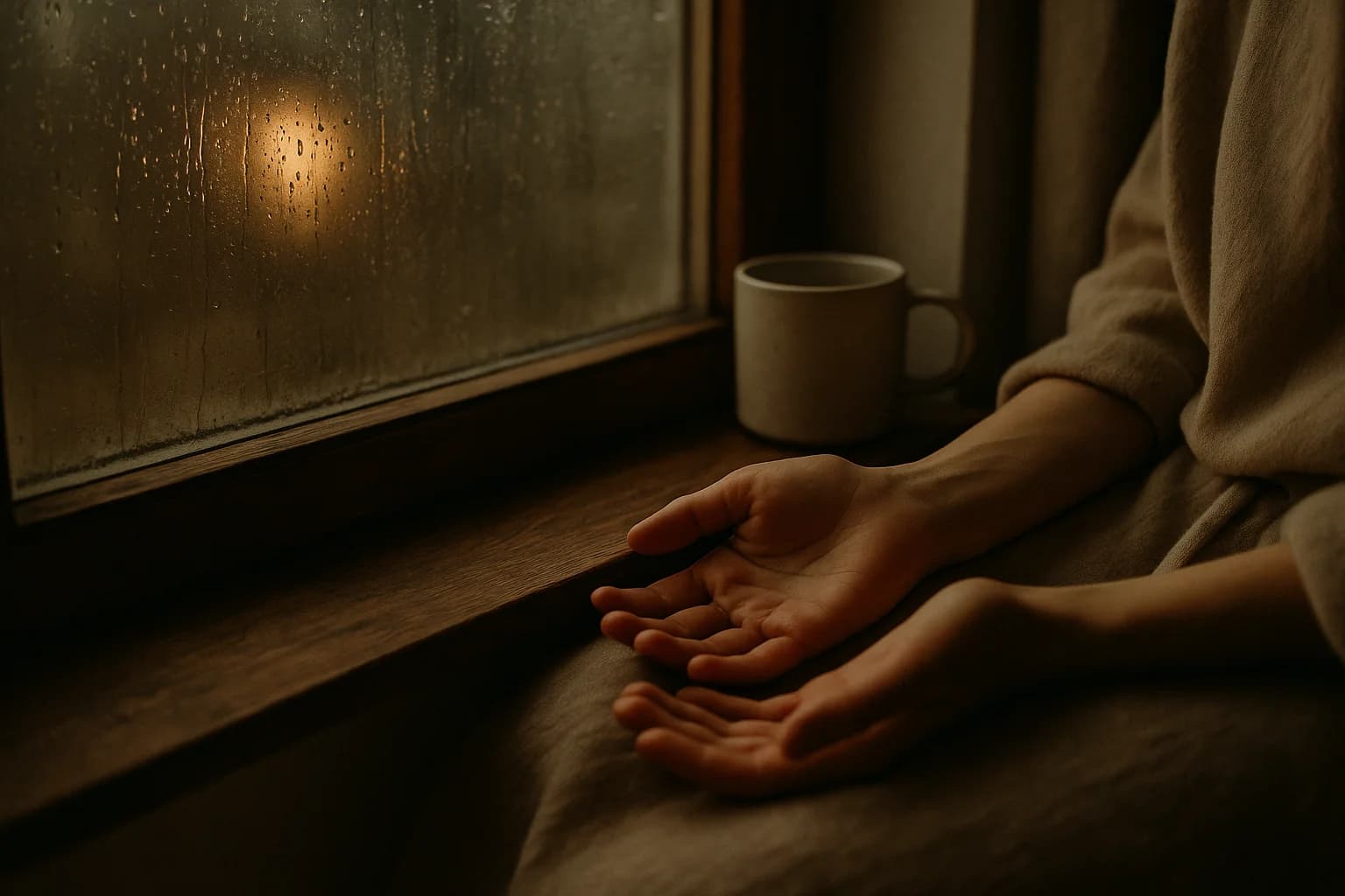 Une vitre couverte de gouttes de pluie au crépuscule, image du trop-plein d'émotions qui cherche à s'écouler