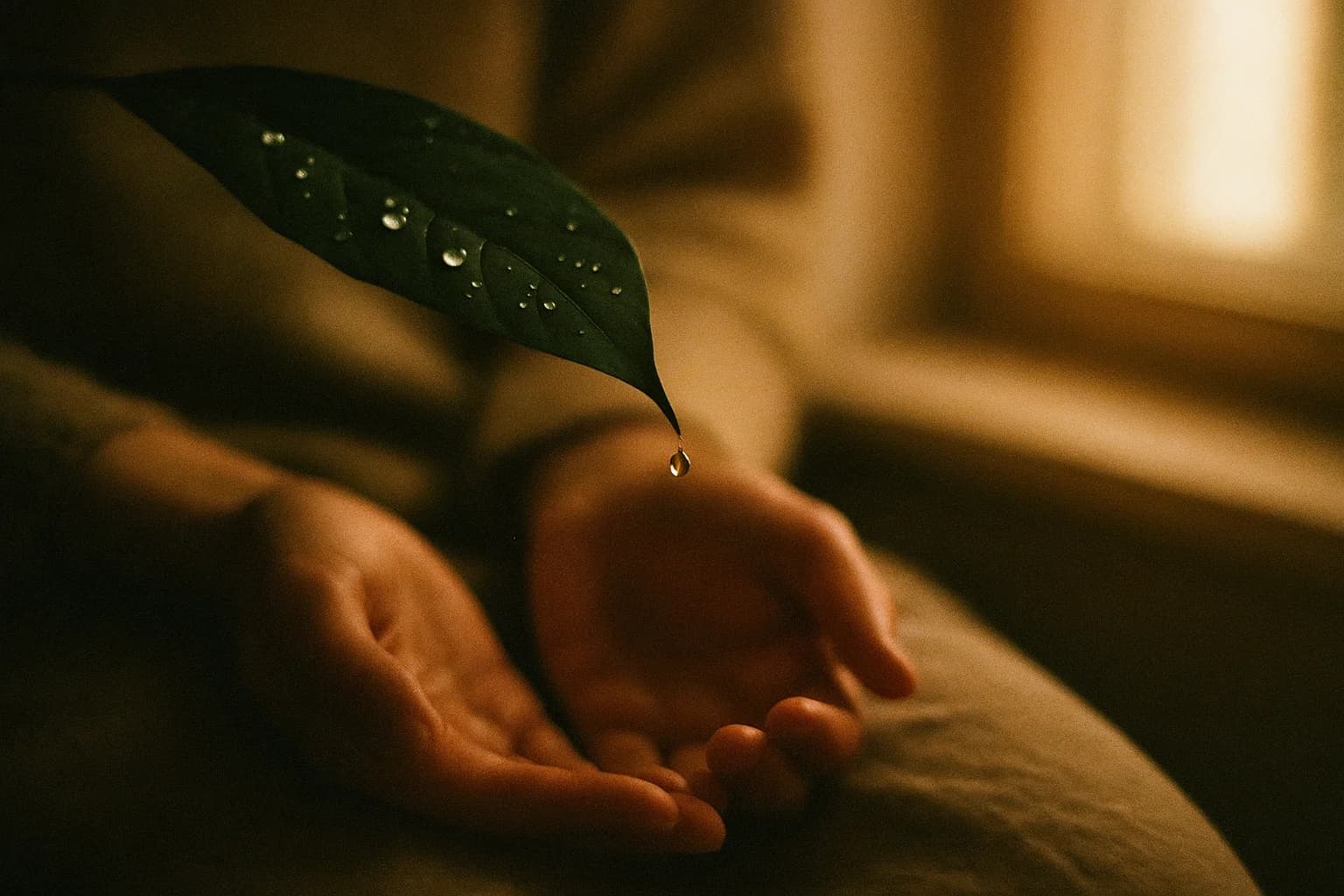 Des gouttes de pluie sur une feuille verte, l'une d'elles sur le point de glisser vers le sol