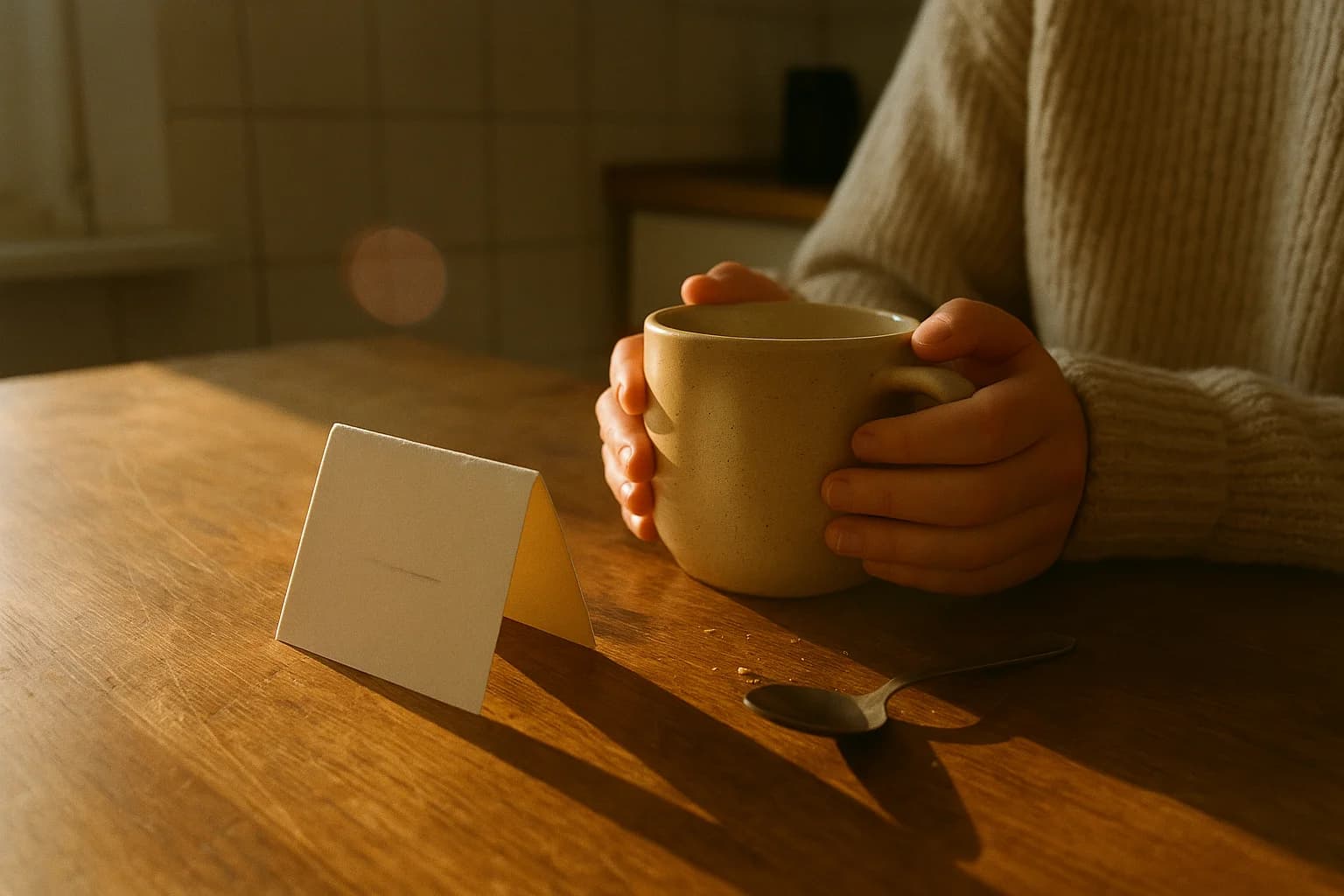 A folded paper card on a wooden table next to two hands holding a mug, morning light