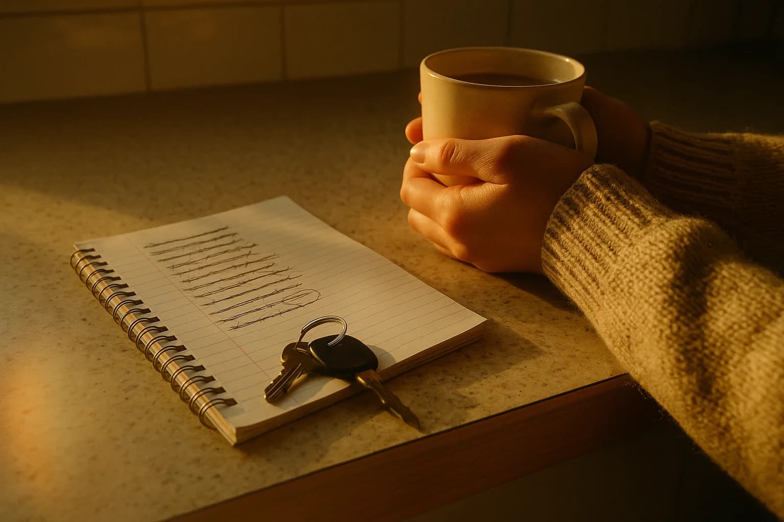 A spiral notebook on a kitchen counter, a handwritten list with almost every line crossed out and a single word circled