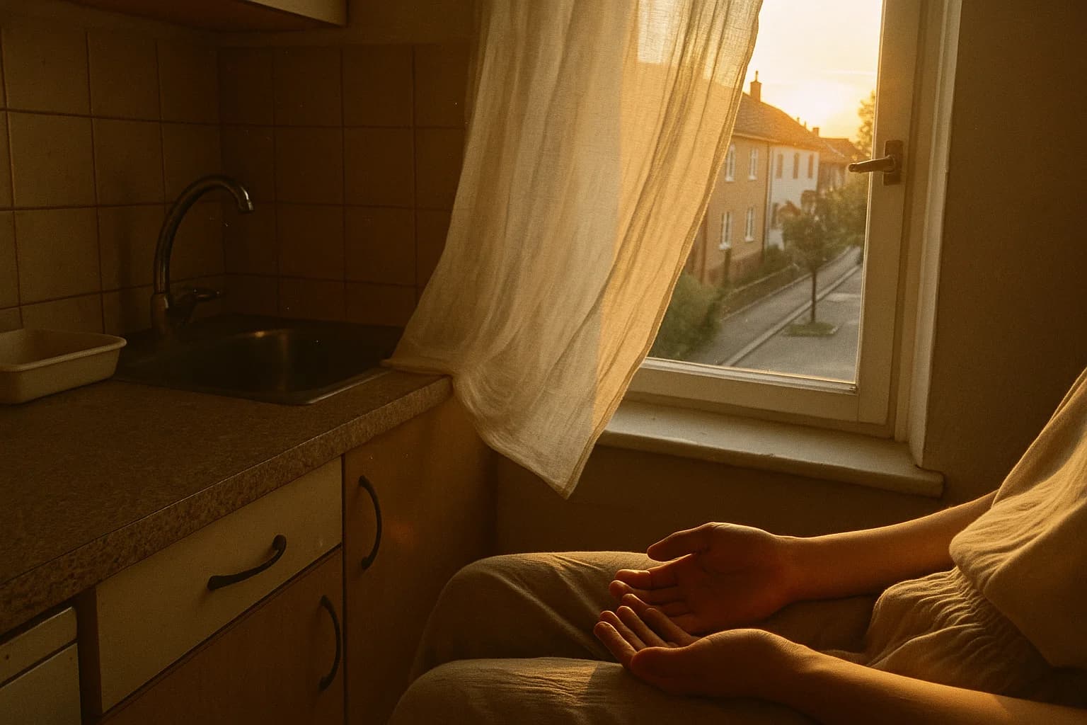 Une fenêtre de cuisine entrouverte au soleil couchant, un rideau de coton soulevé par un courant d’air, une rue calme en contrebas