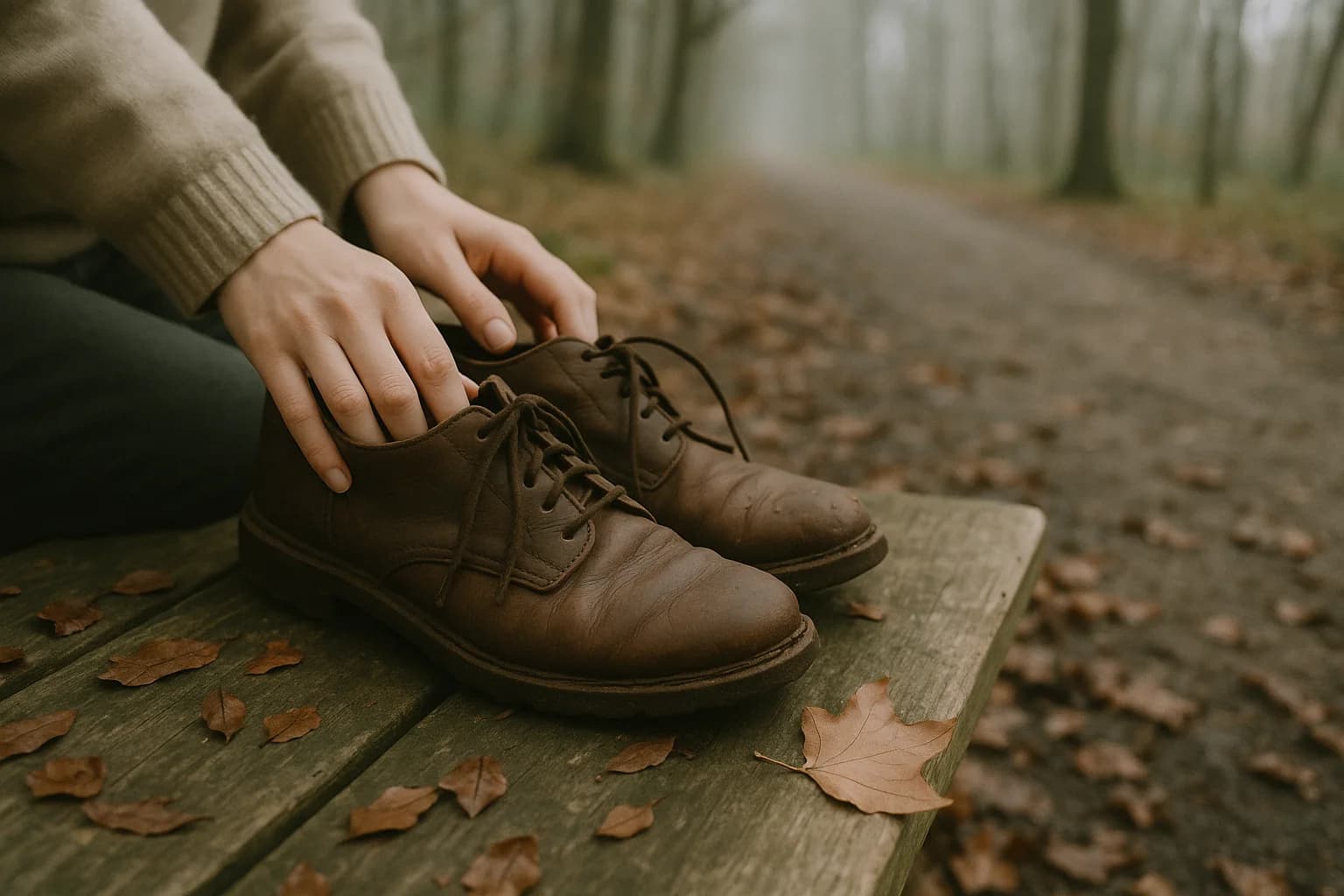 Chaussures de marche usées posées sur un sentier forestier humide, feuilles mortes éparses et lumière du matin entre les arbres, marche méditative et acceptation