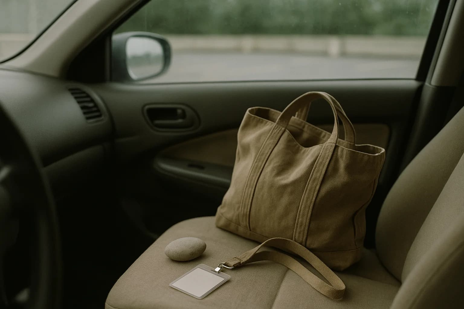 A canvas bag and a work badge left on the passenger seat of a parked car, grey car park visible through the window
