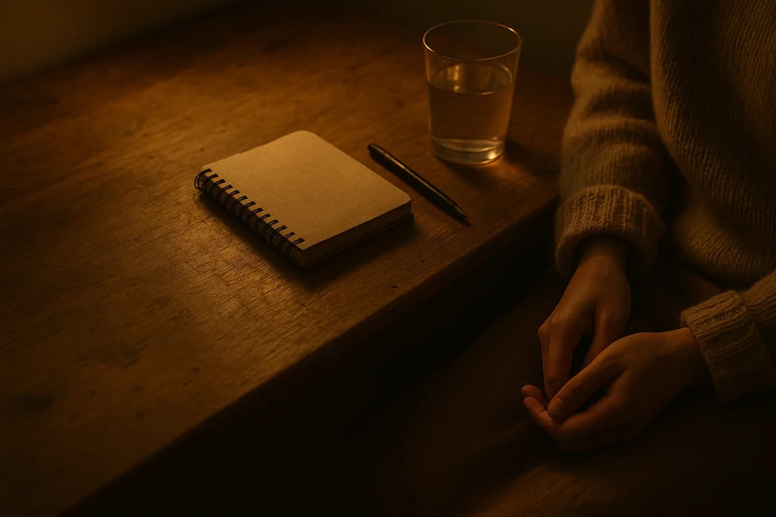 Un petit carnet fermé et un stylo sur une table en bois le soir, pour arrêter de culpabiliser tout le temps avant de dormir