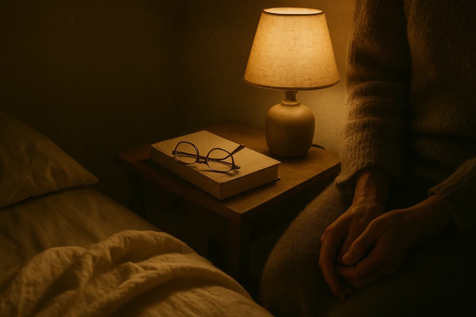Une lampe de chevet allumée, un livre fermé et une paire de lunettes posés sur une table de nuit