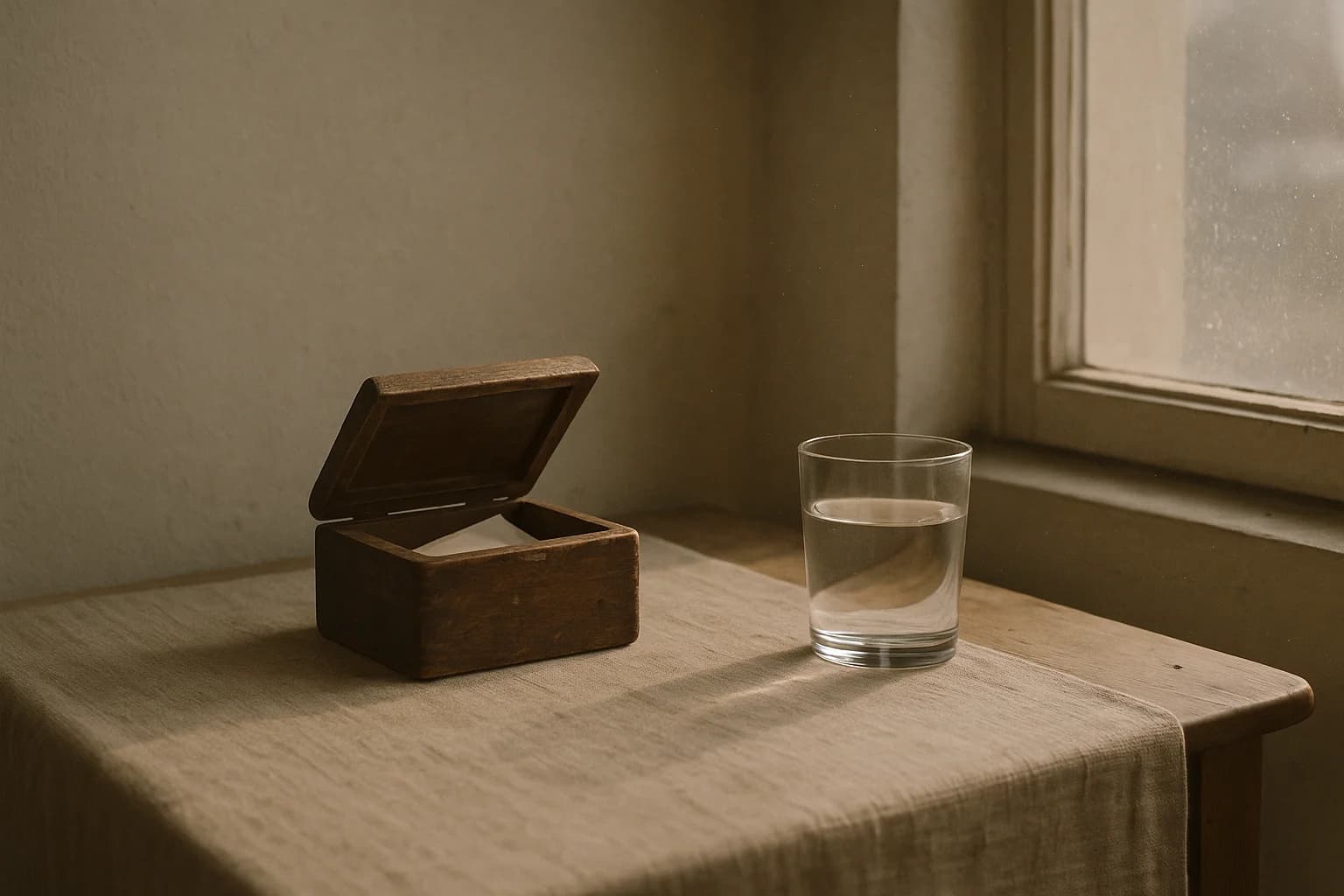 Petite boîte en bois au couvercle ouvert sur une table, image d'illustration pour arrêter de ruminer