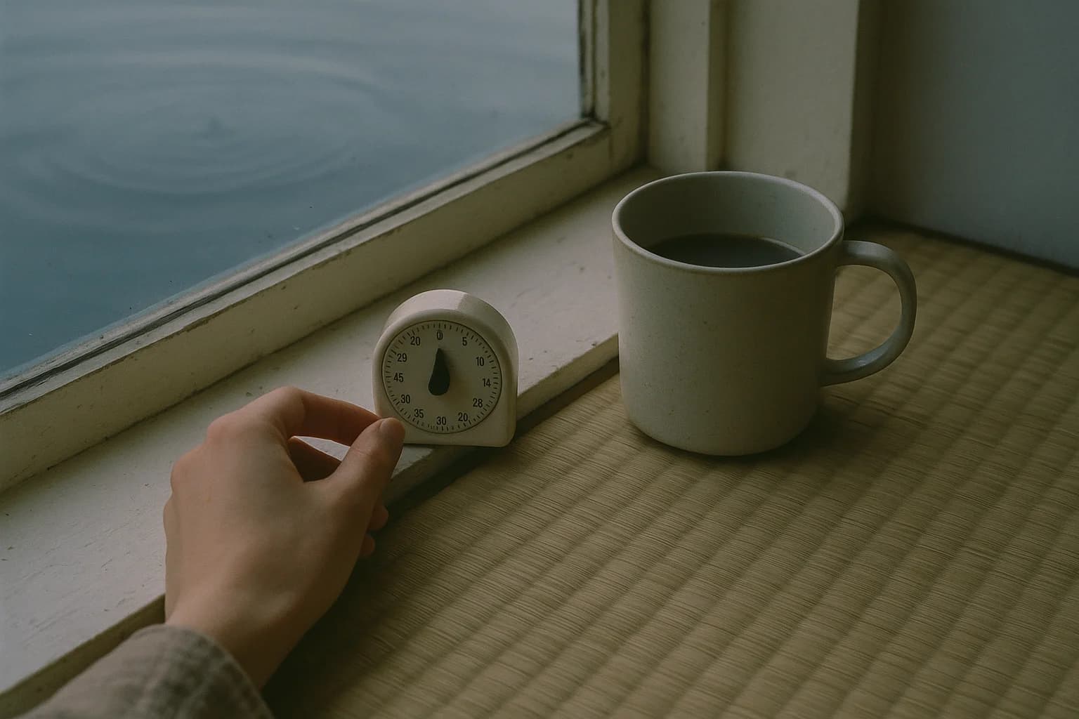 Une main règle un minuteur de cuisine posé sur un appui de fenêtre, à côté d’une tasse refroidie
