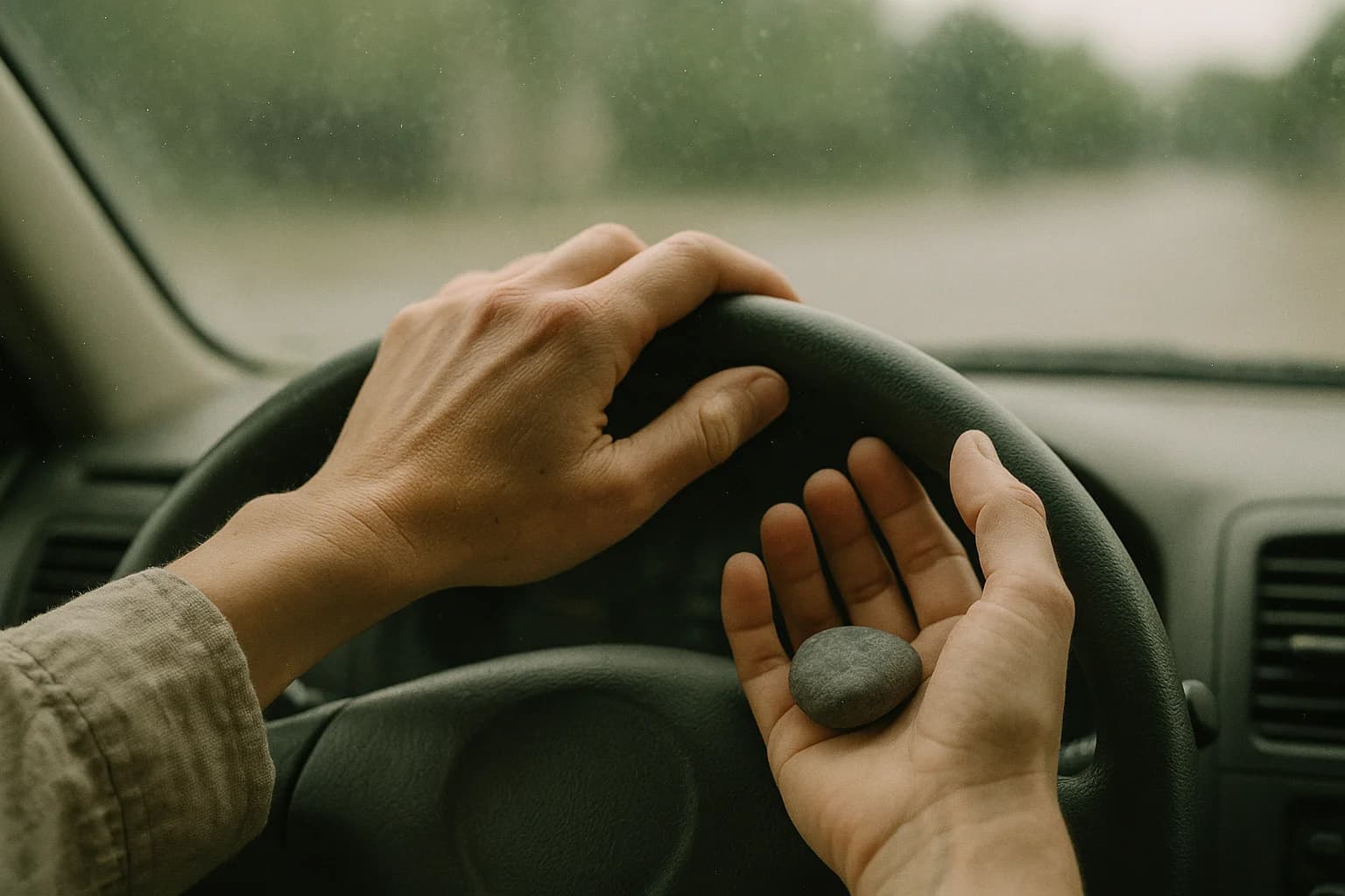 Deux mains sur un volant à l'arrêt, un galet plat posé dans la paume comme point d'ancrage, pluie floue sur le pare-brise