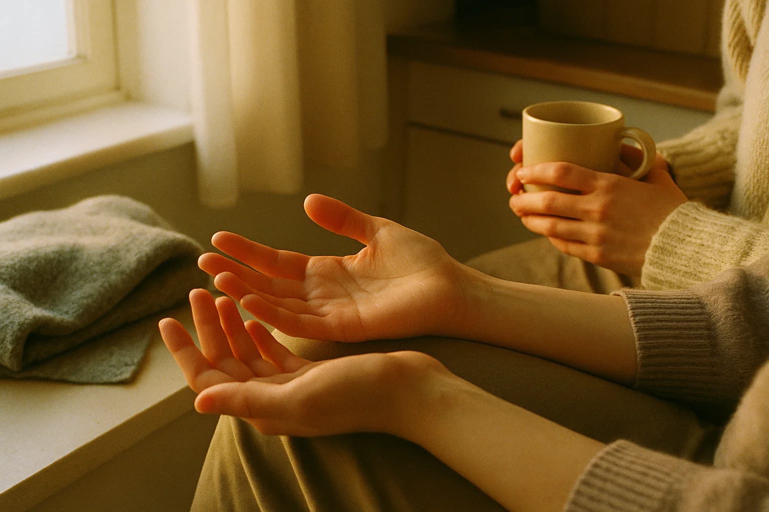 Deux mains ouvertes, paumes vers le ciel, posées sur les genoux d'une personne assise, lumière douce du matin
