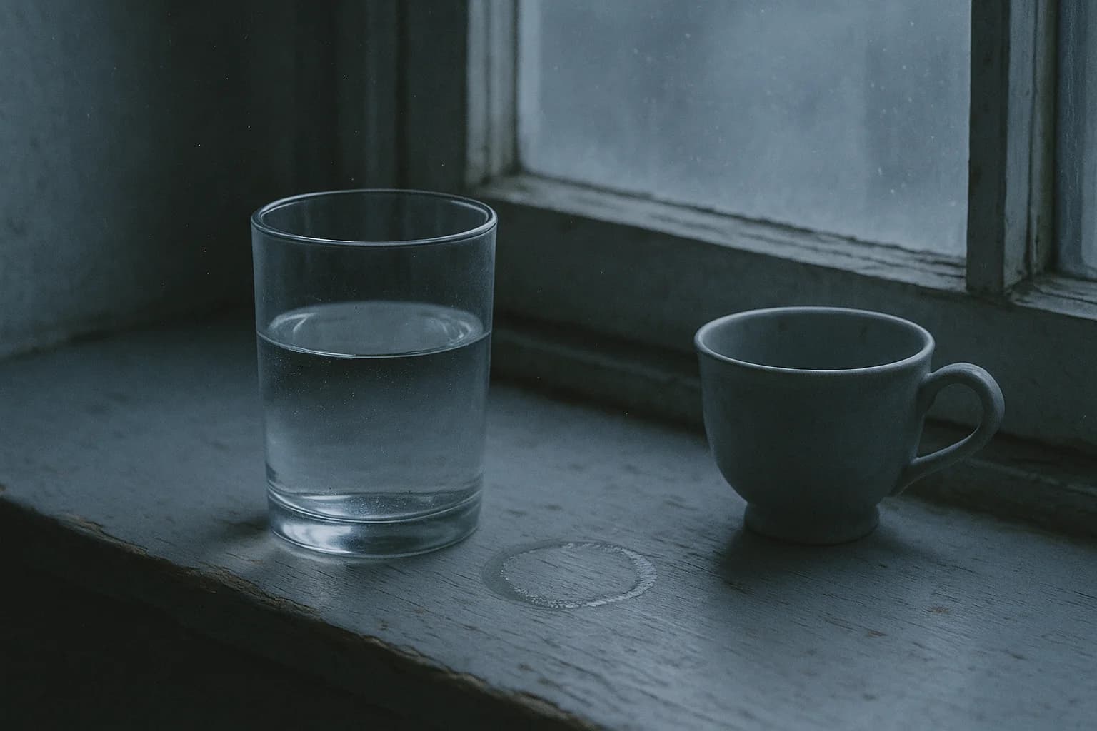 A glass of water and a ceramic cup on a wooden windowsill, a ring of condensation on the wood, grey daylight