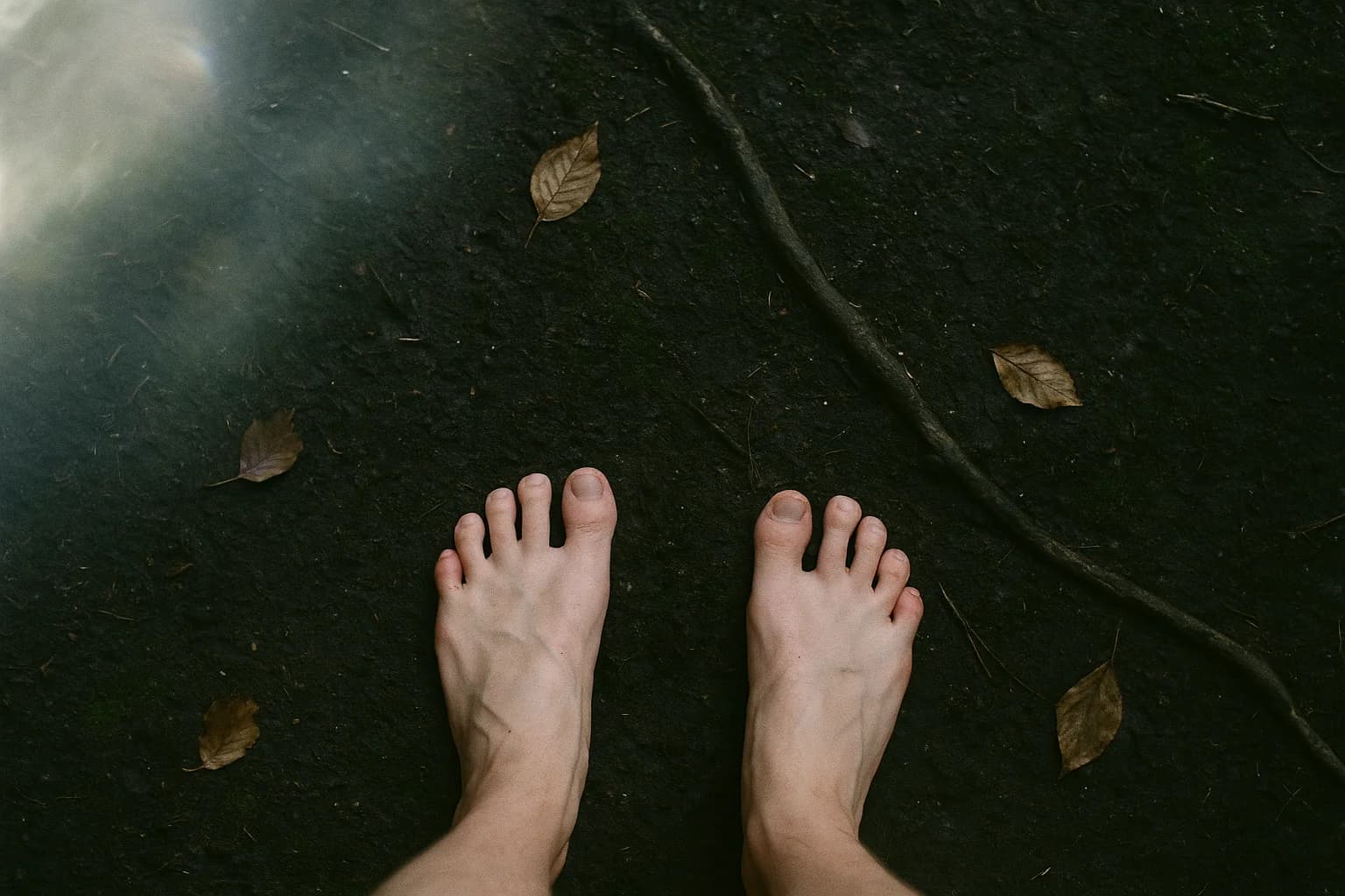 Deux pieds nus posés à plat sur un sol forestier sombre et moussu, quelques feuilles mortes et une racine fine à côté, vue de dessus, ancrage par le poids