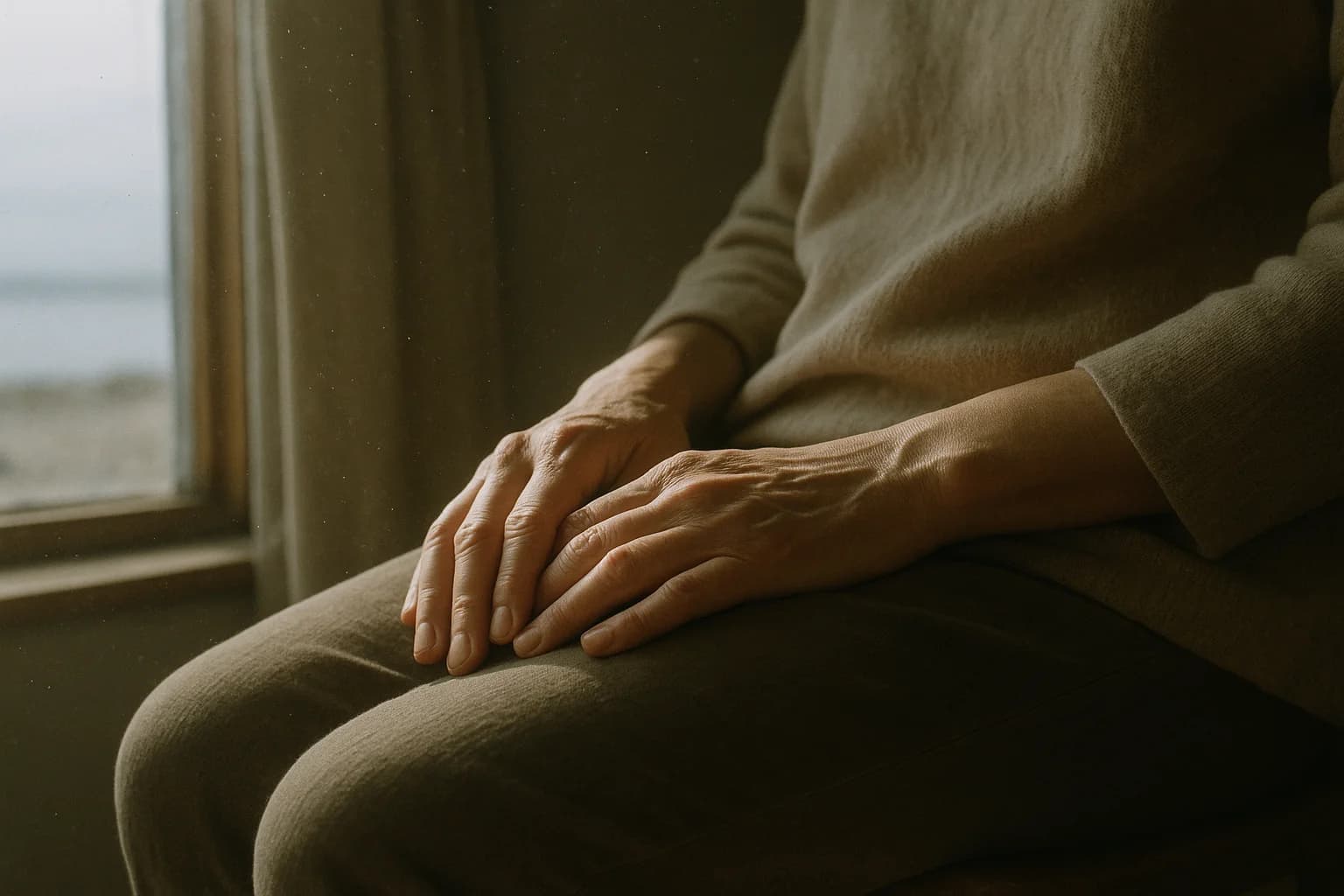 Cohérence cardiaque 5-5 : les deux mains posées l'une sur l'autre sur les genoux d'une personne assise près d'une fenêtre, lumière douce du matin