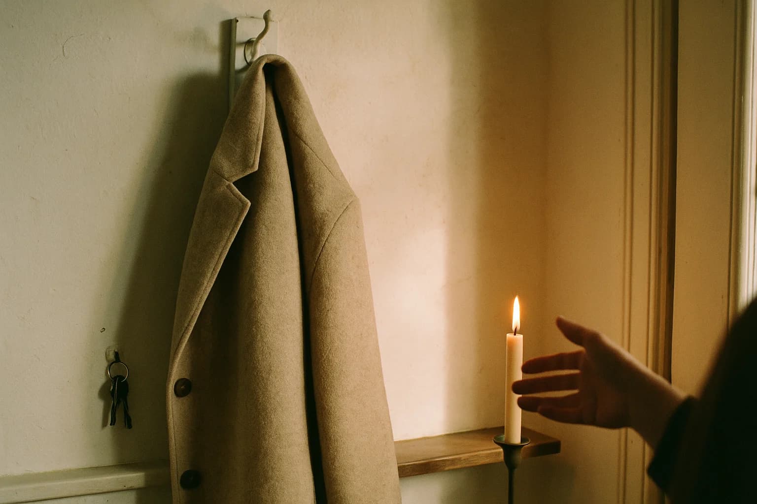 Wool coat hanging by a front door, keys on a hook against a plaster wall