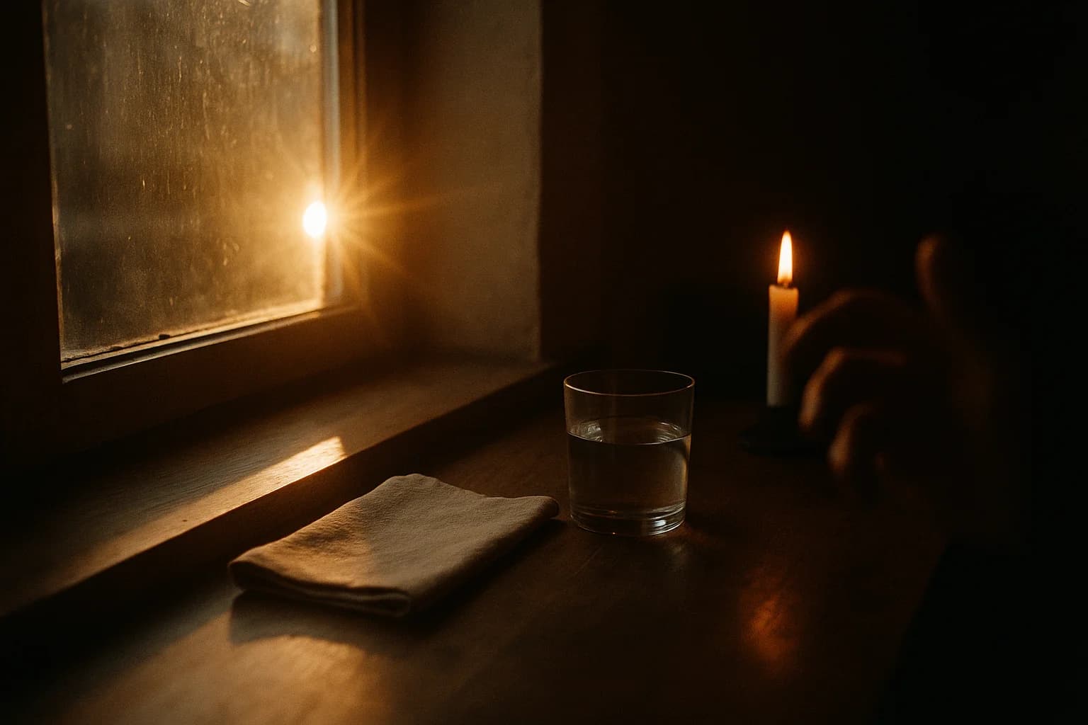 Low sun crossing a wooden windowsill, a glass of water and folded linen in the light