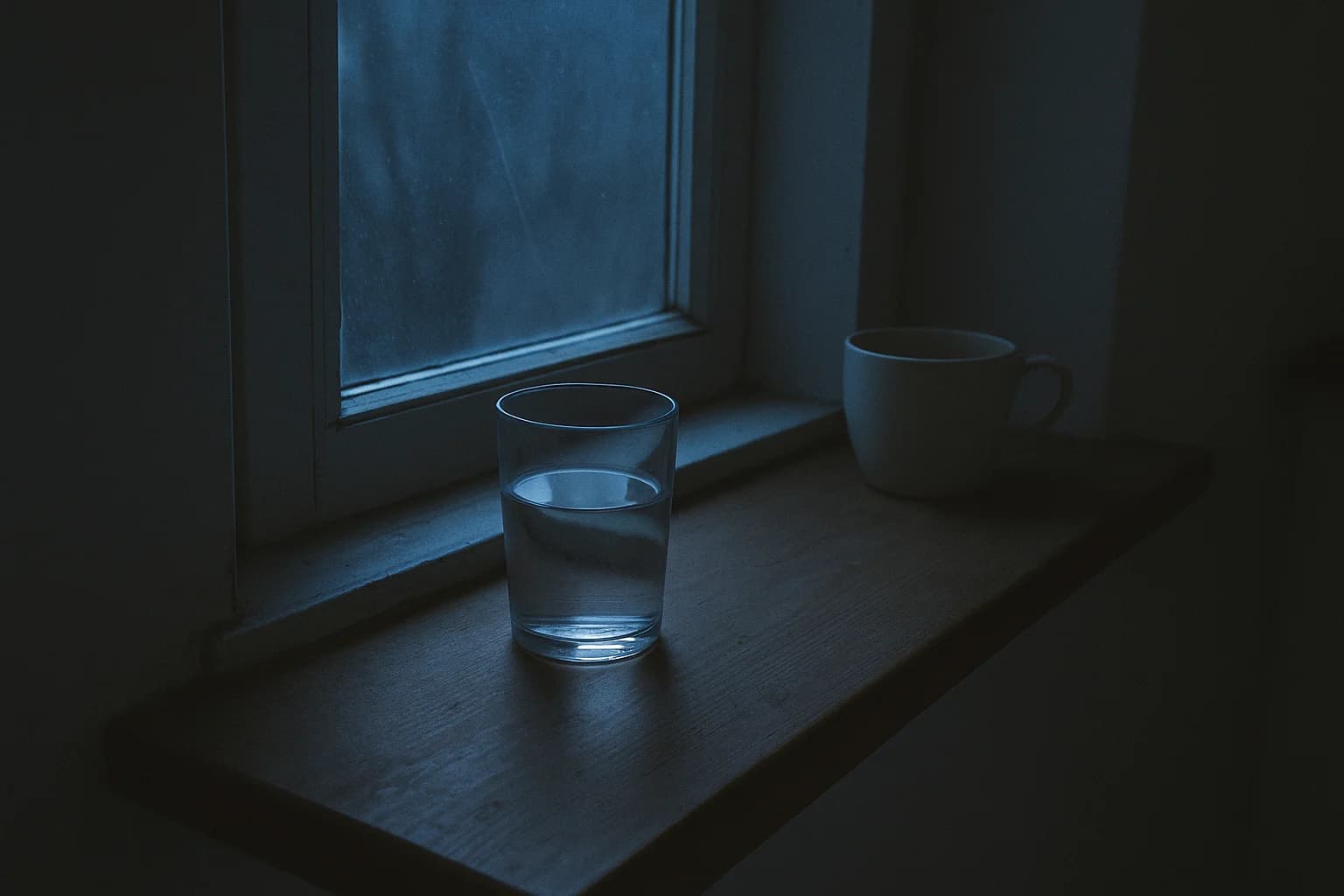 Un verre d'eau sur un rebord de fenêtre la nuit, lumière froide de la lune, image pour calmer son mental