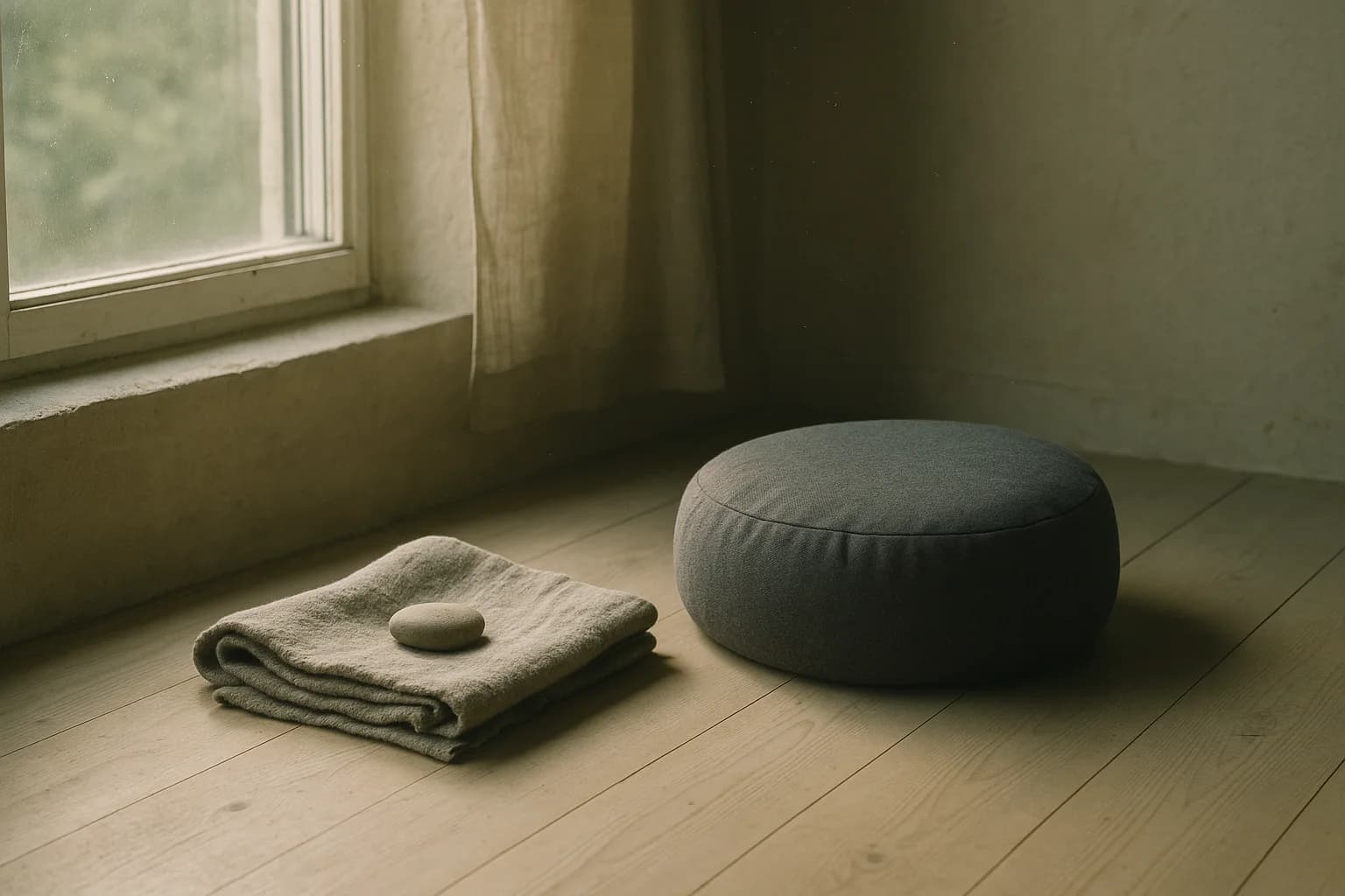 Comment faire un scan corporel : une couverture en laine et un coussin de méditation posés au sol près d'une fenêtre, lumière douce du matin