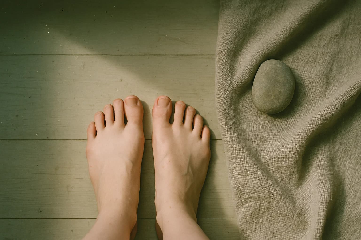 Deux pieds nus posés à plat sur un parquet clair, vus de dessus, dans une lumière naturelle douce