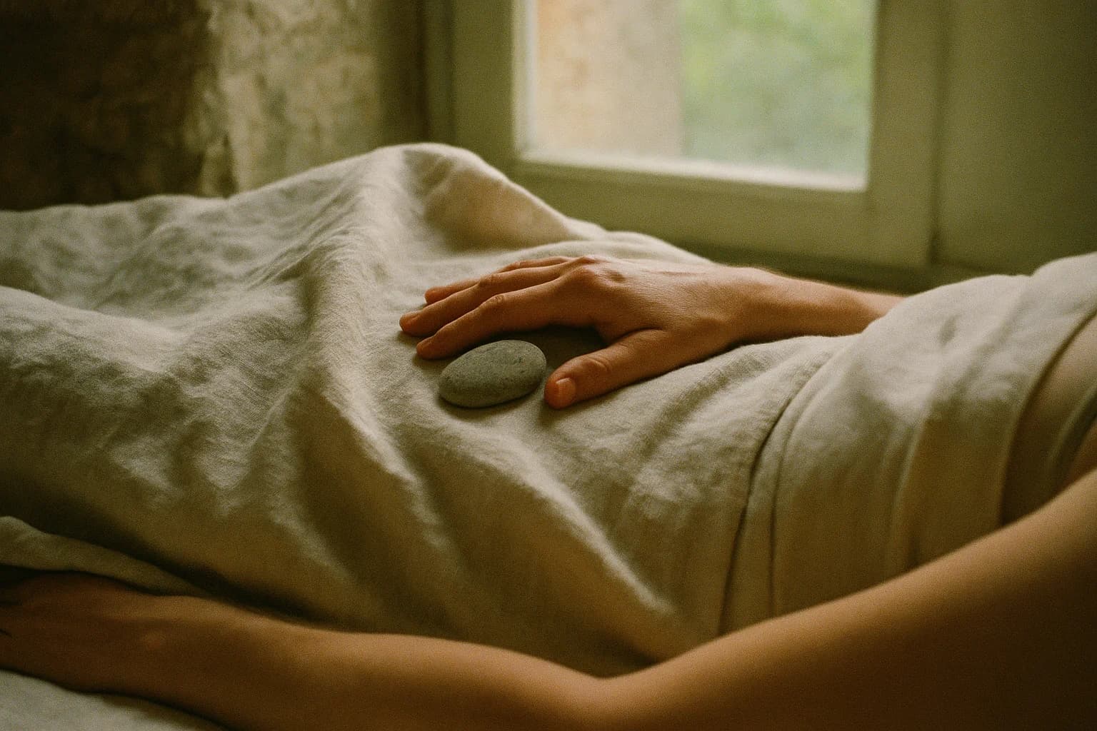 Une main posée à plat sur le ventre d'une personne allongée sous une couverture légère, le tissu se soulève doucement