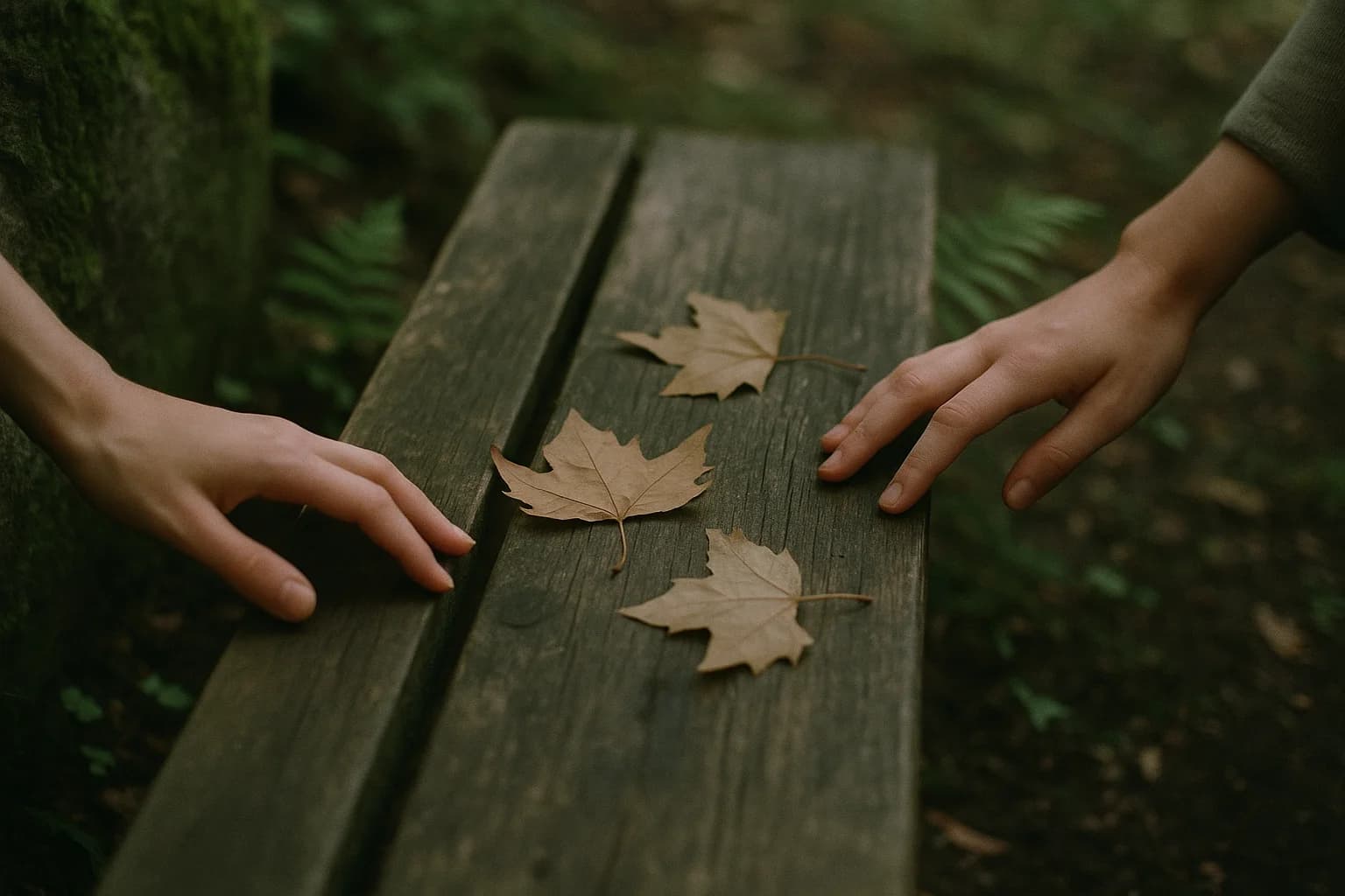 Méditer dans la nature : deux mains posées sur les lattes d’un banc de parc en bois usé, quelques feuilles tombées dessus