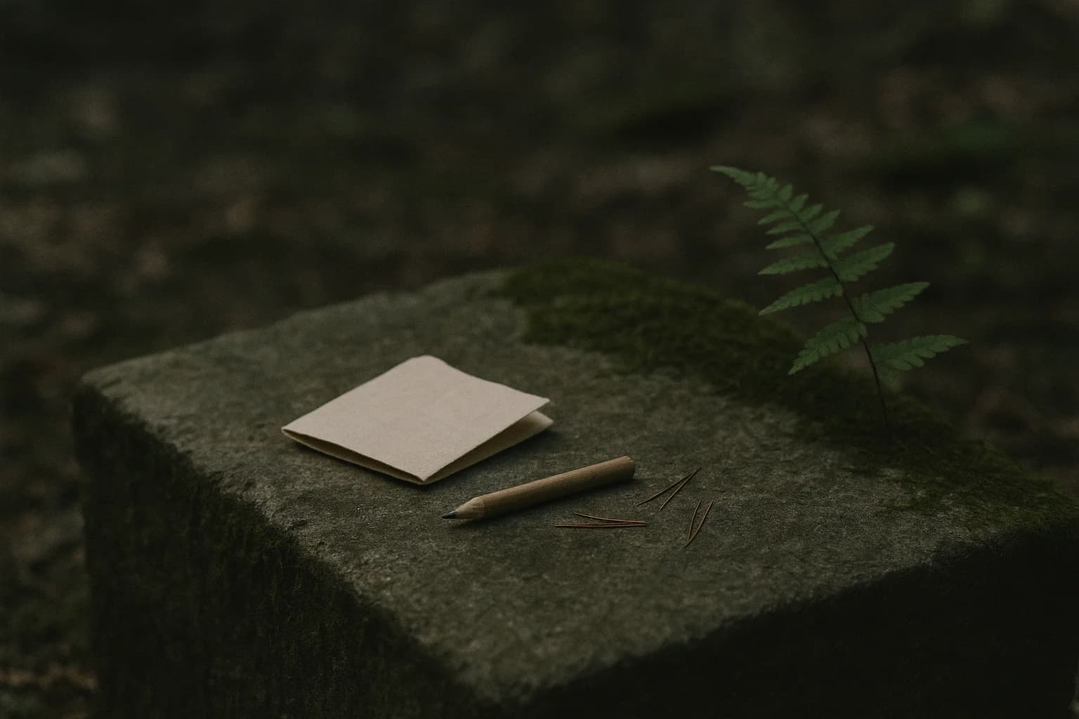 Méditer dehors : un petit papier plié et un crayon posés sur un rebord de pierre, quelques aiguilles de pin à côté