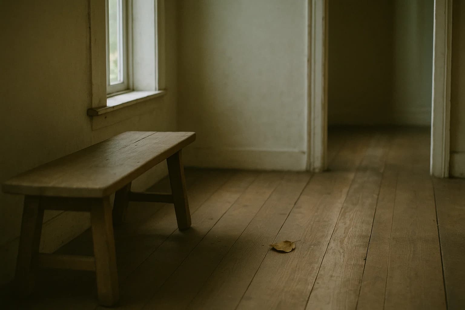 Wooden bench under a window and worn floorboards leading to an open doorway, late afternoon light, a short path for walking meditation