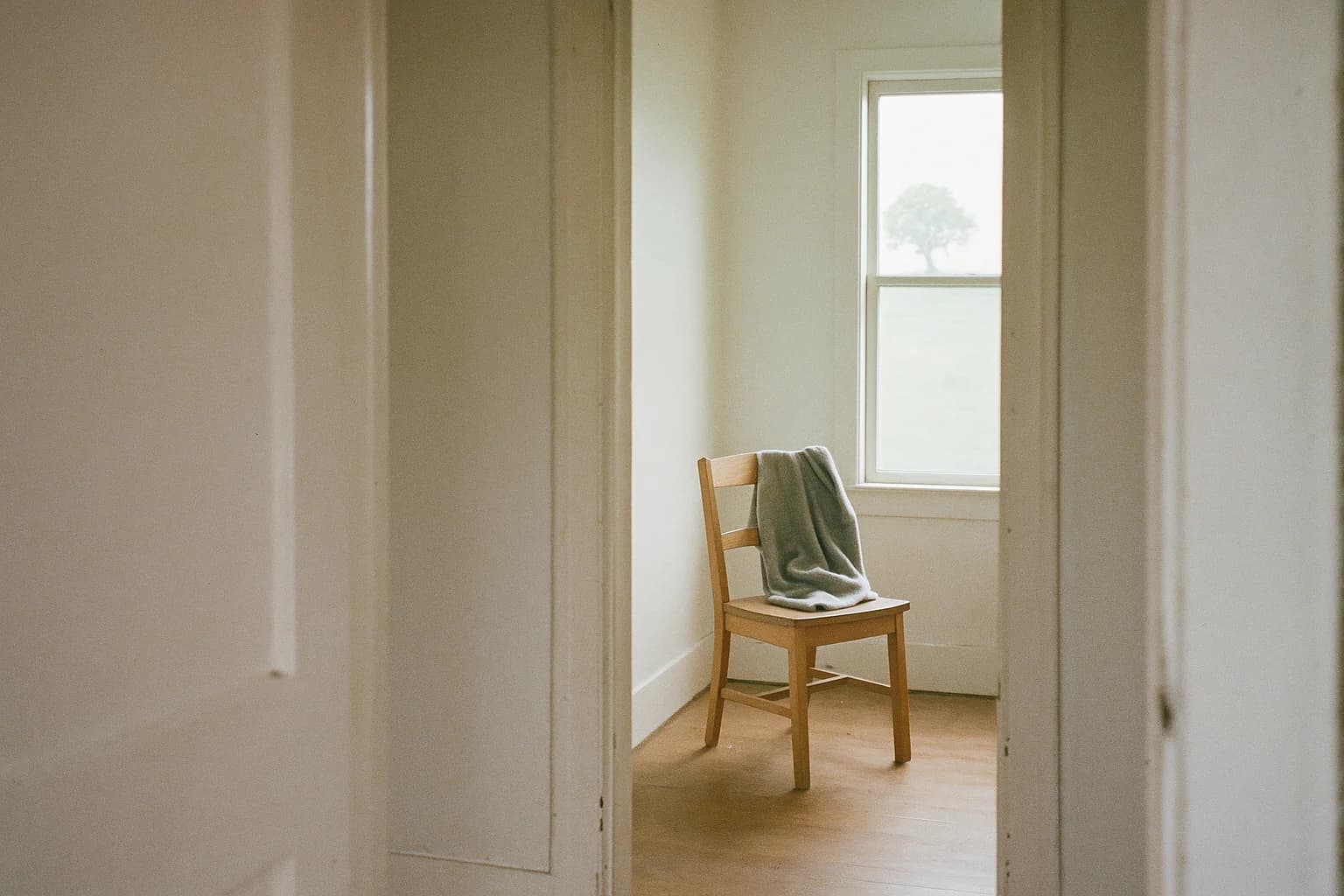 A wooden chair with a grey jumper thrown over it, seen from the next room through an open doorway, an image of the distance you take to gain perspective on a situation