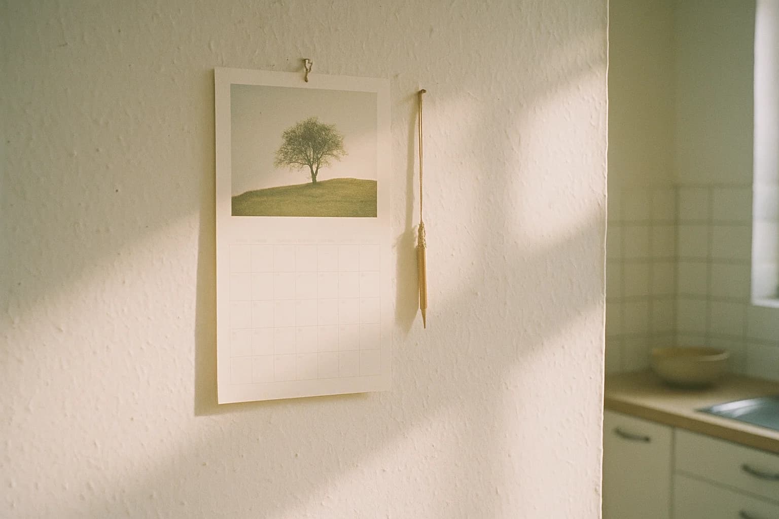 A paper wall calendar hanging in a kitchen, a short pencil dangling from a string beside it, in raking late-afternoon light