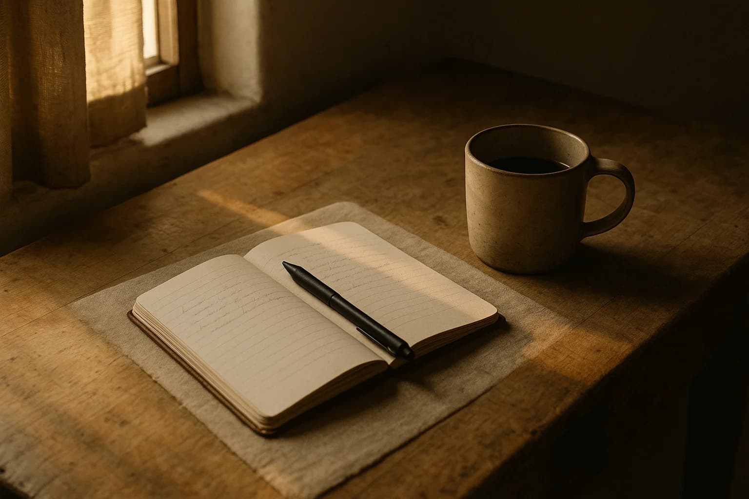 Carnet ouvert et stylo sur une table en bois près d'une fenêtre, pour tenir un journal de gratitude le matin